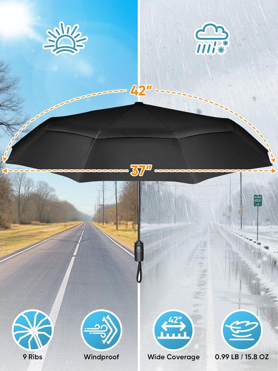 image:imagePTEROMY Windproof Travel Umbrellas for Rain and Sun Withstands 85MPH Winds Auto Open Close Folding Umbrella with Ergonomic Handle Quick Dry Canopy for Commuting or BackpackBlack