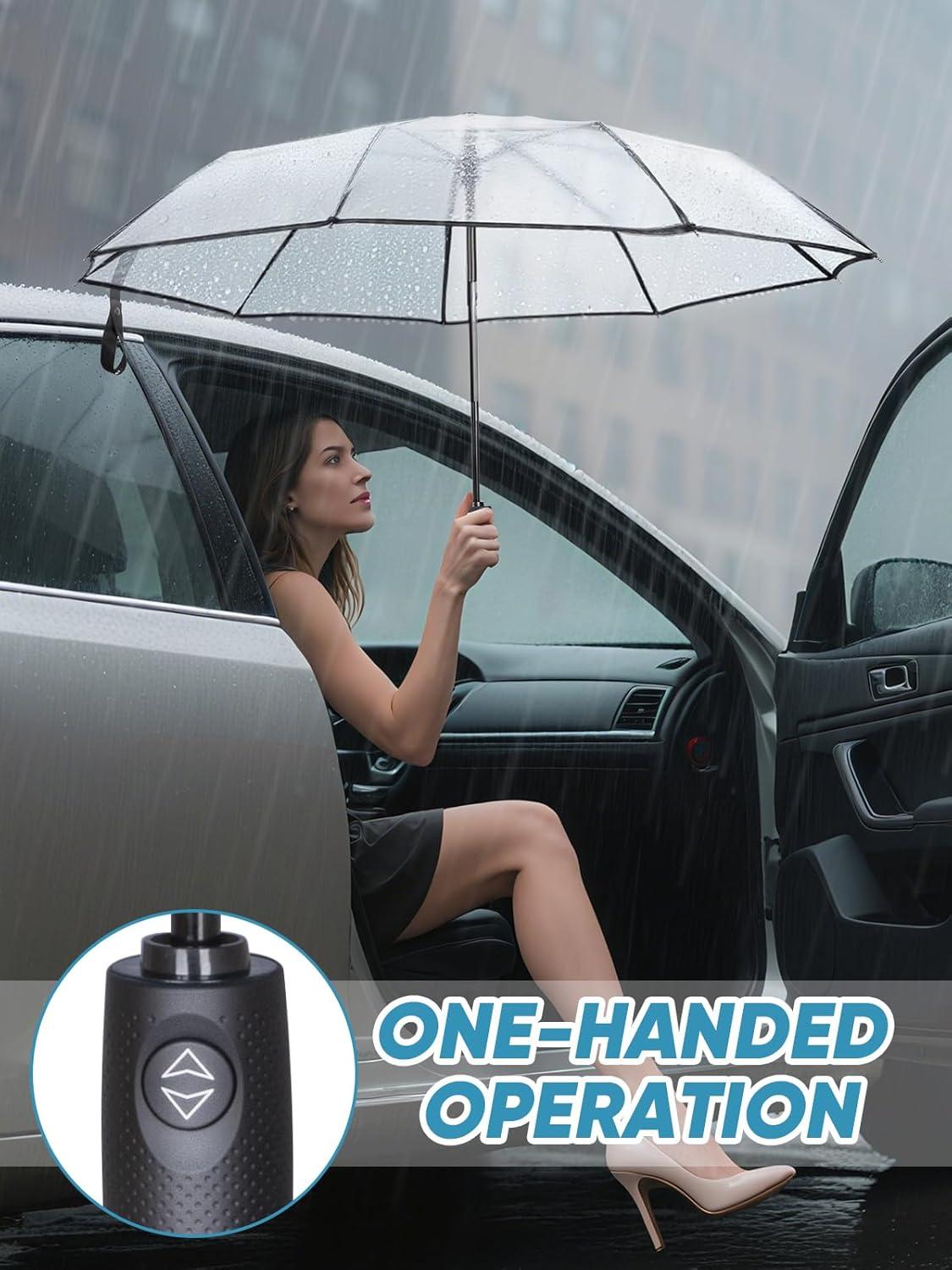 image:imagePTEROMY Windproof Travel Umbrellas for Rain and Sun Withstands 85MPH Winds Auto Open Close Folding Umbrella with Ergonomic Handle Quick Dry Canopy for Commuting or BackpackClear Single Layer