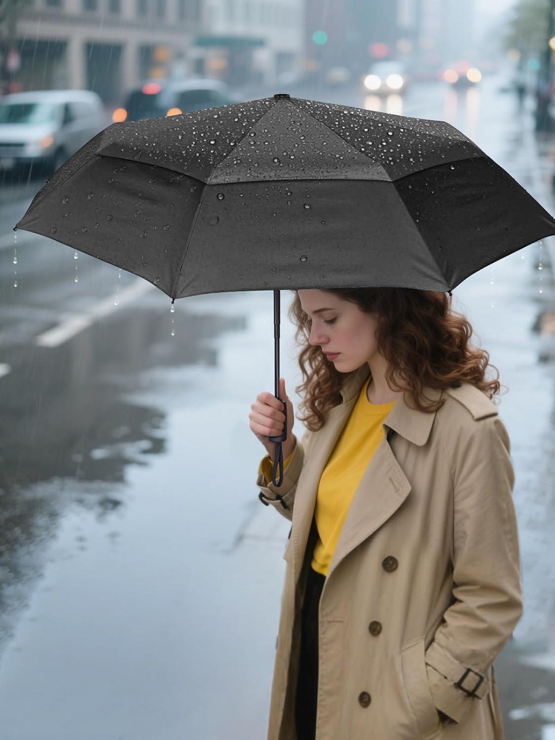 image:imagePTEROMY Windproof Travel Umbrellas for Rain and Sun Withstands 85MPH Winds Auto Open Close Folding Umbrella with Ergonomic Handle Quick Dry Canopy for Commuting or BackpackBlack