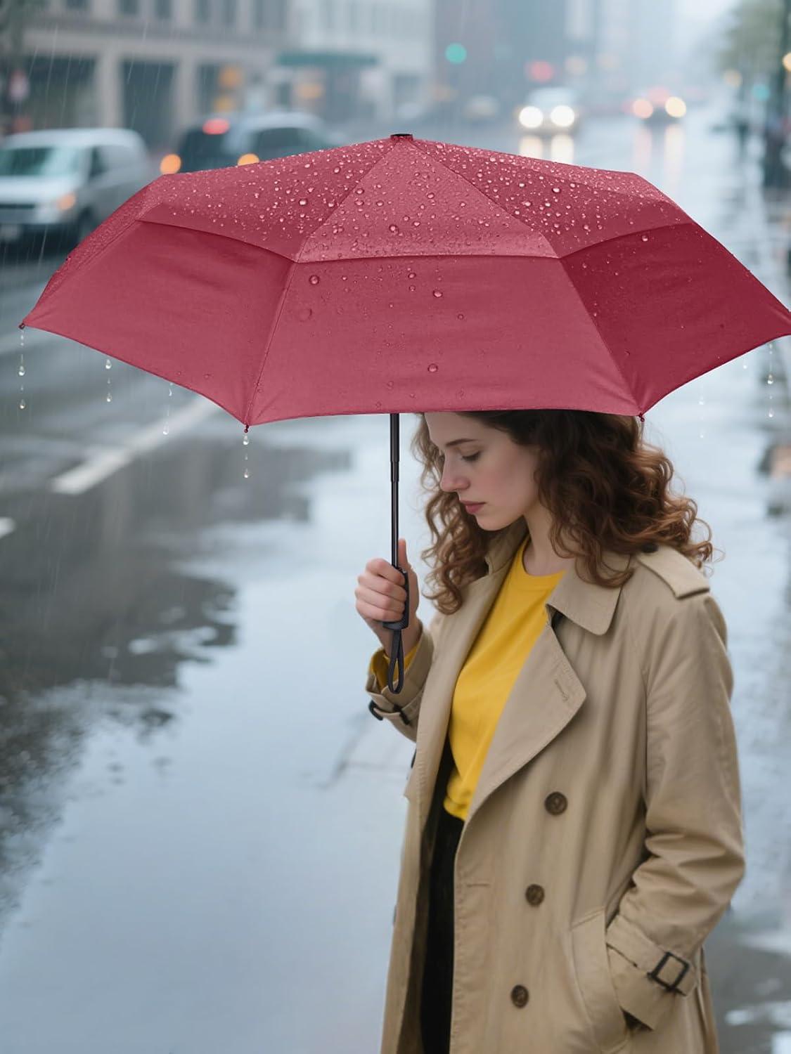 image:imagePTEROMY Windproof Travel Umbrellas for Rain and Sun Withstands 85MPH Winds Auto Open Close Folding Umbrella with Ergonomic Handle Quick Dry Canopy for Commuting or BackpackRed