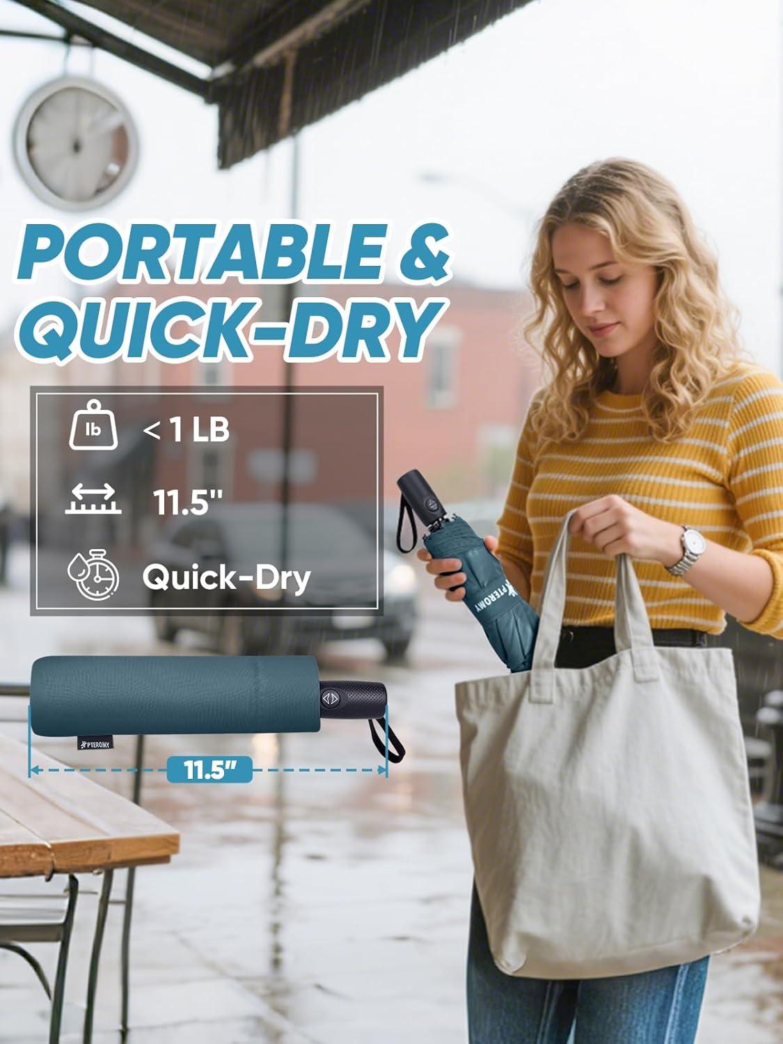 image:imagePTEROMY Windproof Travel Umbrellas for Rain and Sun Withstands 85MPH Winds Auto Open Close Folding Umbrella with Ergonomic Handle Quick Dry Canopy for Commuting or BackpackNavy Blue
