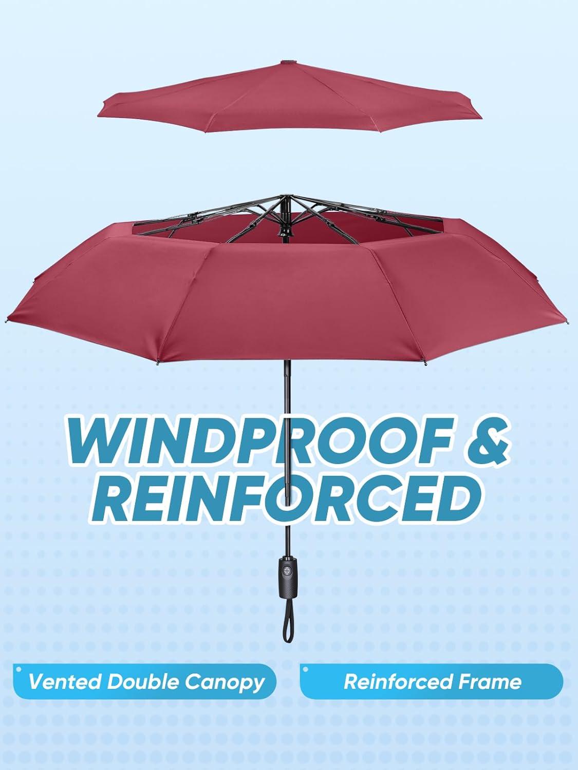 image:imagePTEROMY Windproof Travel Umbrellas for Rain and Sun Withstands 85MPH Winds Auto Open Close Folding Umbrella with Ergonomic Handle Quick Dry Canopy for Commuting or BackpackRed