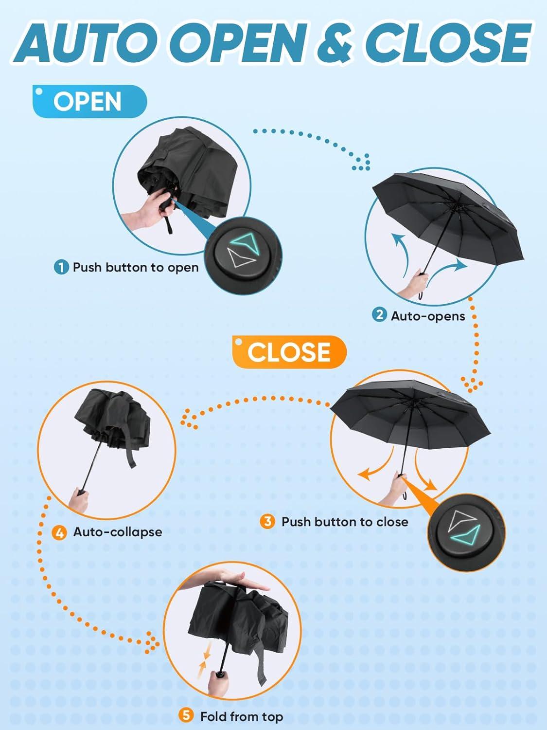 image:imagePTEROMY Windproof Travel Umbrellas for Rain and Sun Withstands 85MPH Winds Auto Open Close Folding Umbrella with Ergonomic Handle Quick Dry Canopy for Commuting or BackpackBlack