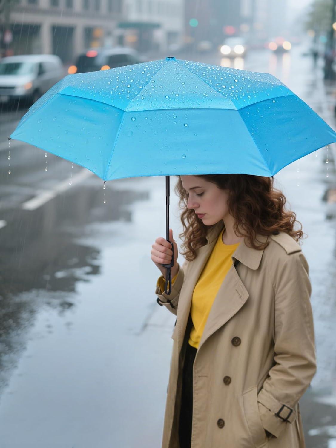 image:imagePTEROMY Windproof Travel Umbrellas for Rain and Sun Withstands 85MPH Winds Auto Open Close Folding Umbrella with Ergonomic Handle Quick Dry Canopy for Commuting or BackpackSky Blue
