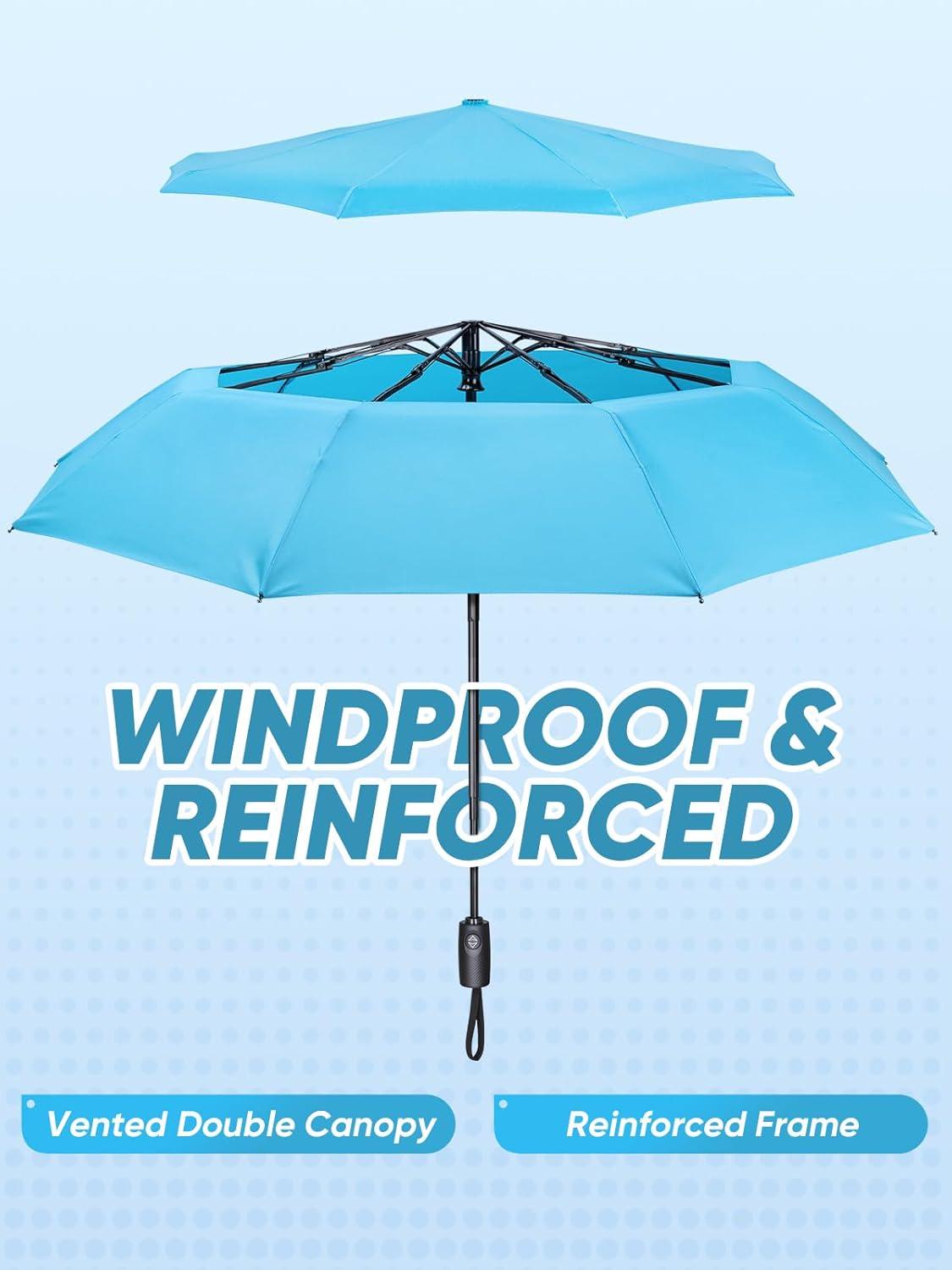 image:imagePTEROMY Windproof Travel Umbrellas for Rain and Sun Withstands 85MPH Winds Auto Open Close Folding Umbrella with Ergonomic Handle Quick Dry Canopy for Commuting or BackpackSky Blue
