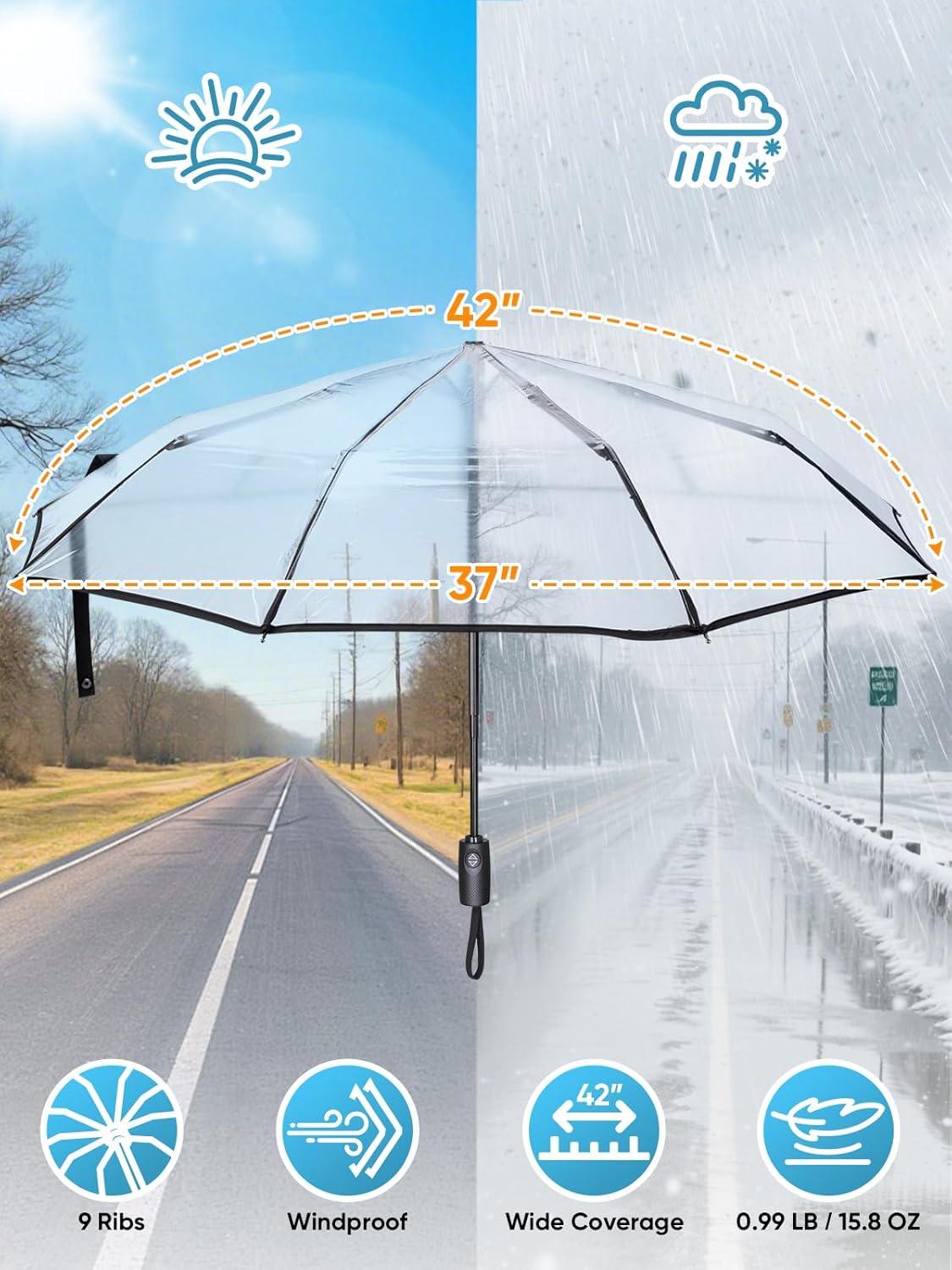 image:imagePTEROMY Windproof Travel Umbrellas for Rain and Sun Withstands 85MPH Winds Auto Open Close Folding Umbrella with Ergonomic Handle Quick Dry Canopy for Commuting or BackpackClear Single Layer