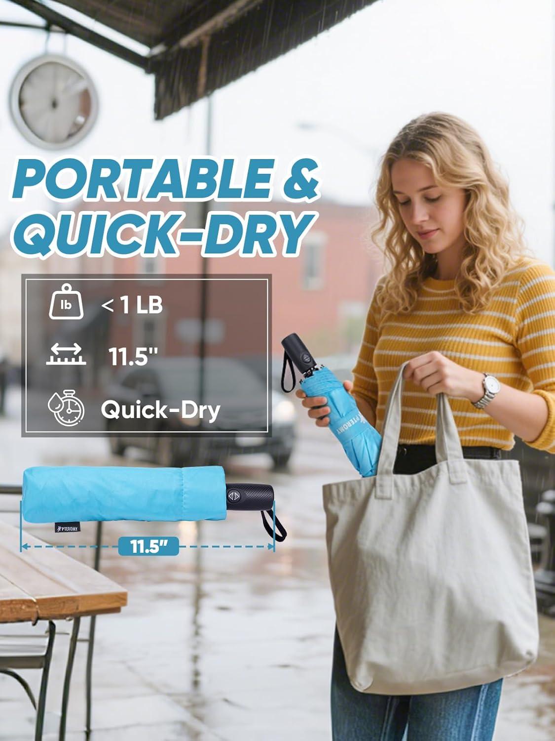 image:imagePTEROMY Windproof Travel Umbrellas for Rain and Sun Withstands 85MPH Winds Auto Open Close Folding Umbrella with Ergonomic Handle Quick Dry Canopy for Commuting or BackpackSky Blue
