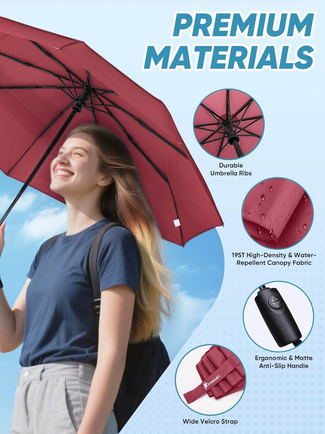 image:imagePTEROMY Windproof Travel Umbrellas for Rain and Sun Withstands 85MPH Winds Auto Open Close Folding Umbrella with Ergonomic Handle Quick Dry Canopy for Commuting or BackpackRed