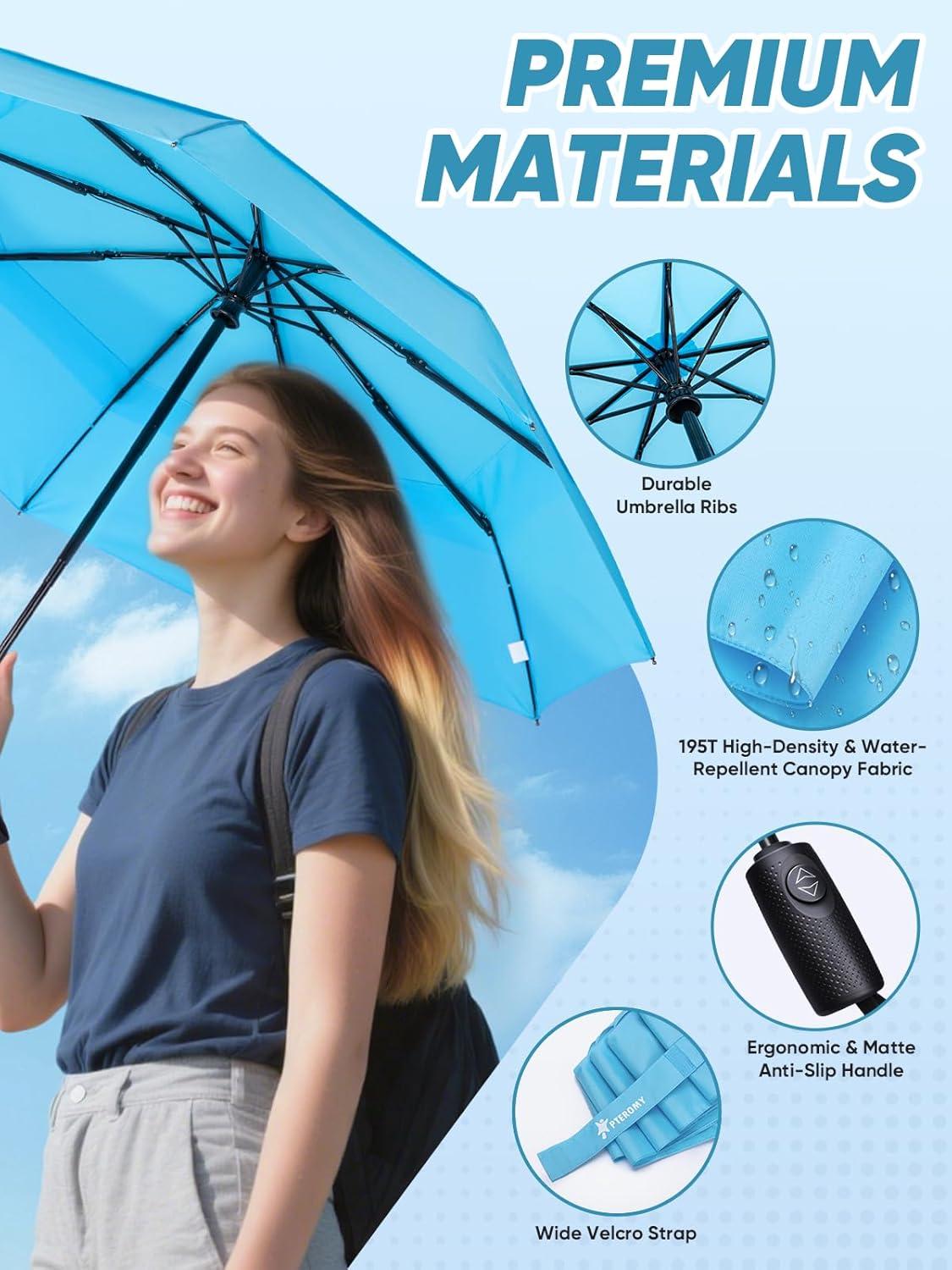 image:imagePTEROMY Windproof Travel Umbrellas for Rain and Sun Withstands 85MPH Winds Auto Open Close Folding Umbrella with Ergonomic Handle Quick Dry Canopy for Commuting or BackpackSky Blue