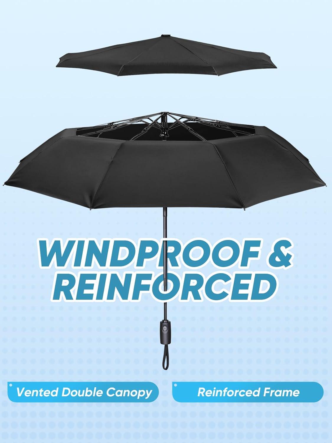 image:imagePTEROMY Windproof Travel Umbrellas for Rain and Sun Withstands 85MPH Winds Auto Open Close Folding Umbrella with Ergonomic Handle Quick Dry Canopy for Commuting or BackpackBlack