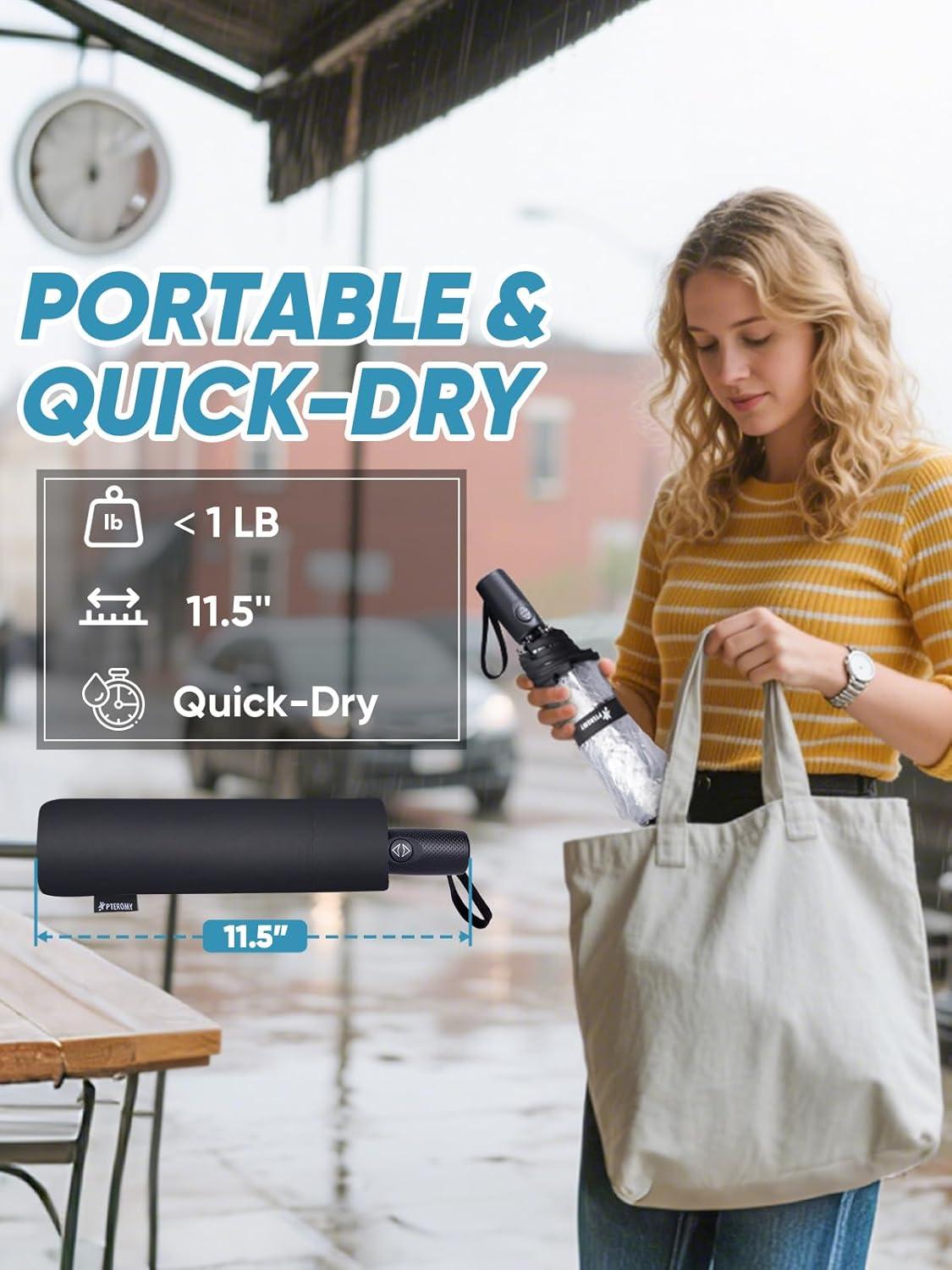 image:imagePTEROMY Windproof Travel Umbrellas for Rain and Sun Withstands 85MPH Winds Auto Open Close Folding Umbrella with Ergonomic Handle Quick Dry Canopy for Commuting or BackpackBlack