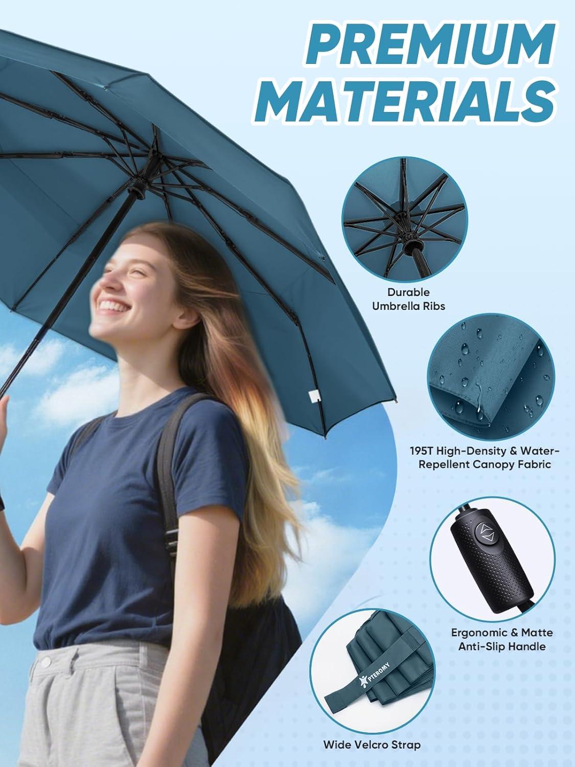 image:imagePTEROMY Windproof Travel Umbrellas for Rain and Sun Withstands 85MPH Winds Auto Open Close Folding Umbrella with Ergonomic Handle Quick Dry Canopy for Commuting or BackpackNavy Blue 2PK