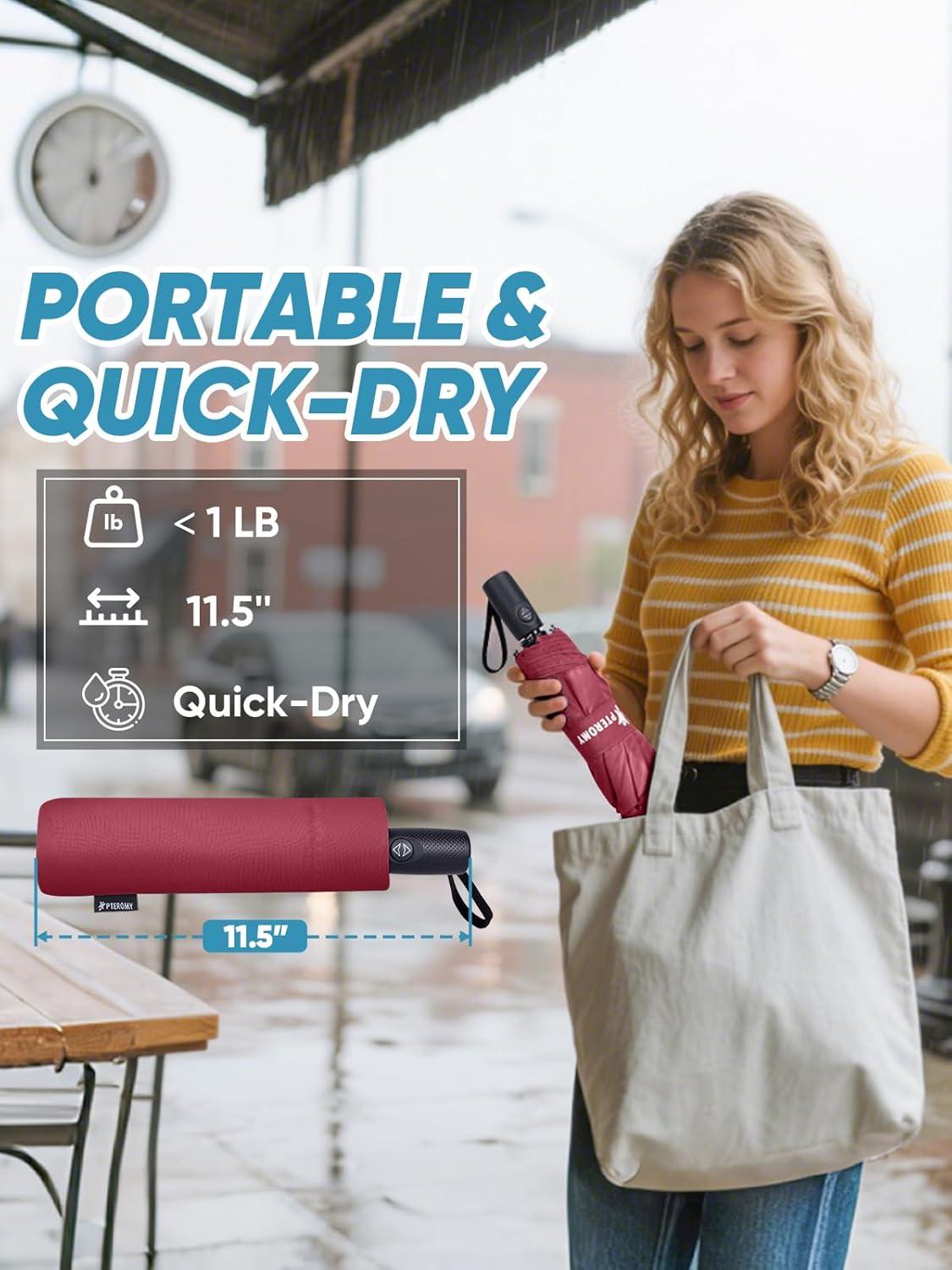 image:imagePTEROMY Windproof Travel Umbrellas for Rain and Sun Withstands 85MPH Winds Auto Open Close Folding Umbrella with Ergonomic Handle Quick Dry Canopy for Commuting or BackpackRed