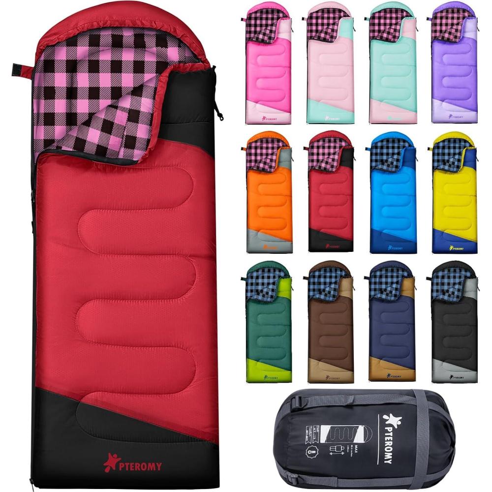 image:imagePTEROMY Sleeping Bags for Adults Lightweight and Machine Washable Water Resistant Backpacking Camping Sleeping Bag for Warm Cold Weather Camping Essentials for Hiking TravelRed