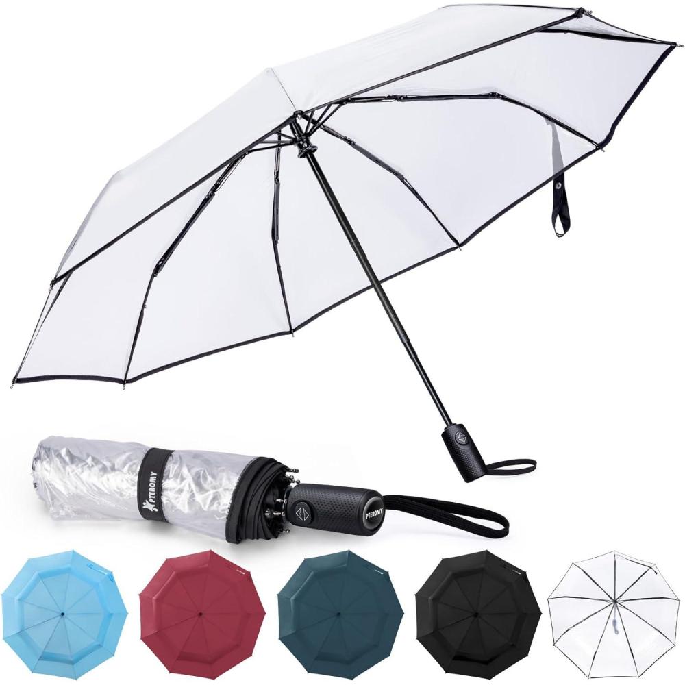 image:imagePTEROMY Windproof Travel Umbrellas for Rain and Sun Withstands 85MPH Winds Auto Open Close Folding Umbrella with Ergonomic Handle Quick Dry Canopy for Commuting or BackpackClear Single Layer