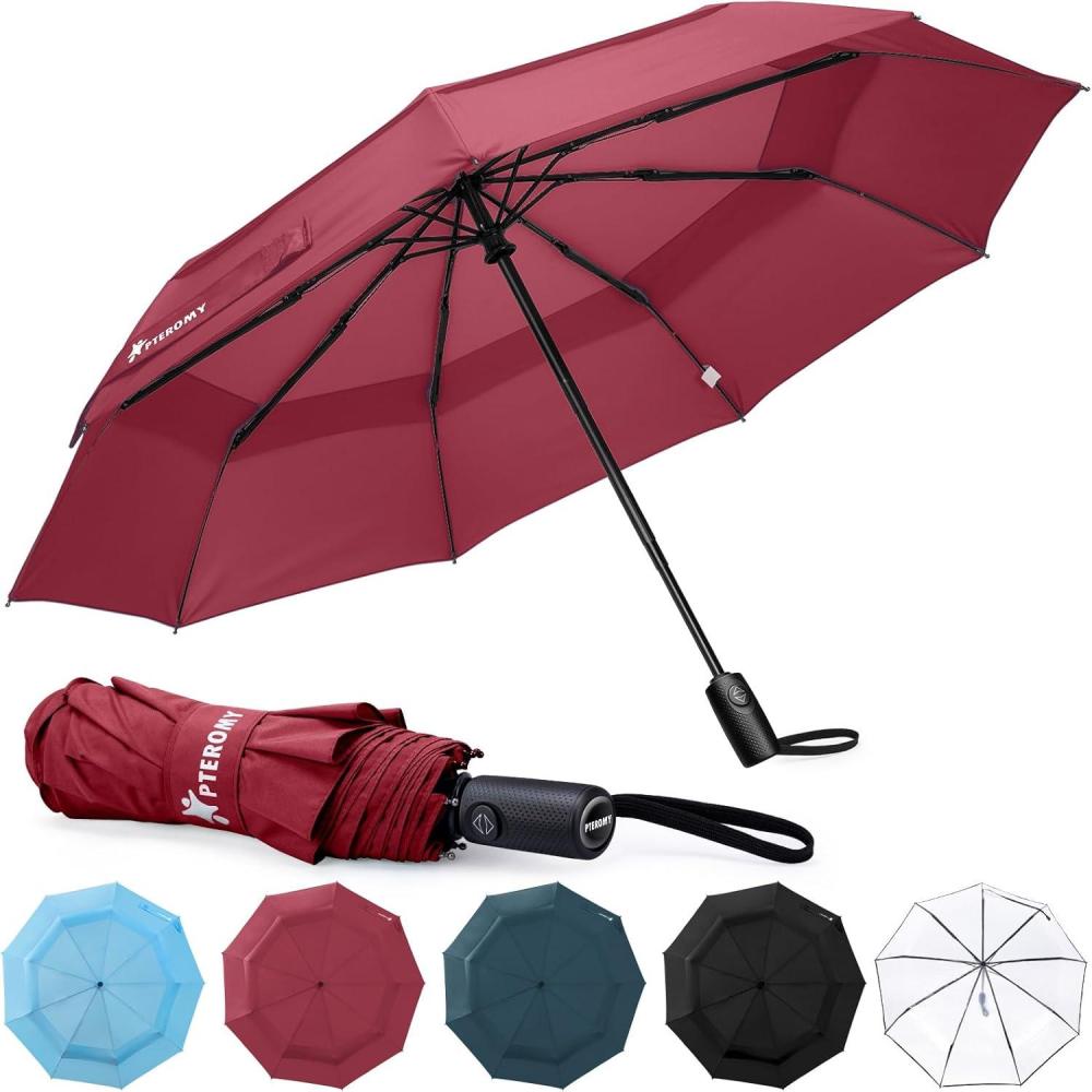 image:imagePTEROMY Windproof Travel Umbrellas for Rain and Sun Withstands 85MPH Winds Auto Open Close Folding Umbrella with Ergonomic Handle Quick Dry Canopy for Commuting or BackpackRed