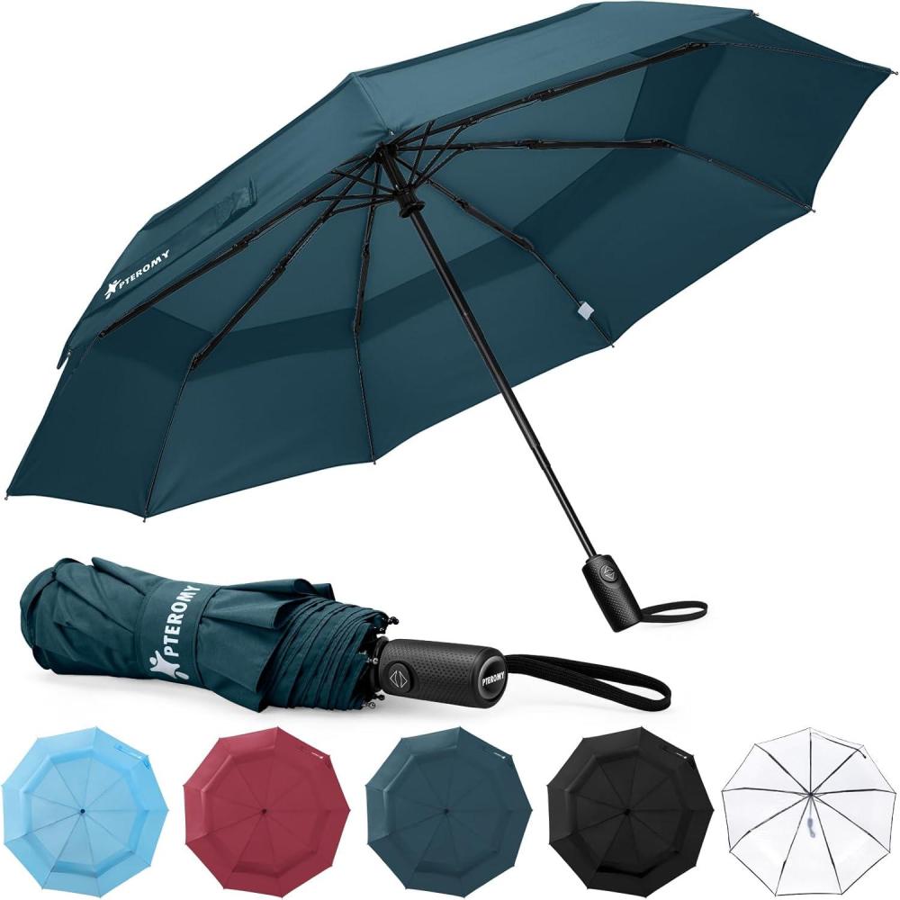 image:imagePTEROMY Windproof Travel Umbrellas for Rain and Sun Withstands 85MPH Winds Auto Open Close Folding Umbrella with Ergonomic Handle Quick Dry Canopy for Commuting or BackpackNavy Blue