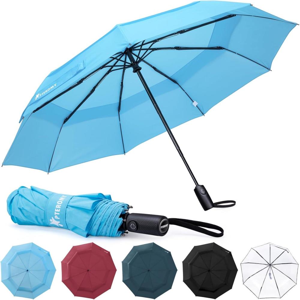 image:imagePTEROMY Windproof Travel Umbrellas for Rain and Sun Withstands 85MPH Winds Auto Open Close Folding Umbrella with Ergonomic Handle Quick Dry Canopy for Commuting or BackpackSky Blue