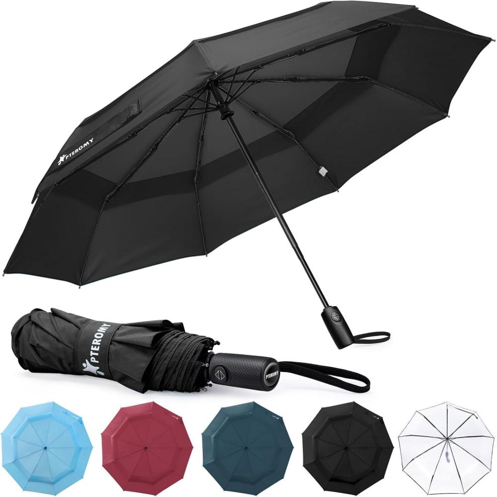 image:imagePTEROMY Windproof Travel Umbrellas for Rain and Sun Withstands 85MPH Winds Auto Open Close Folding Umbrella with Ergonomic Handle Quick Dry Canopy for Commuting or BackpackBlack