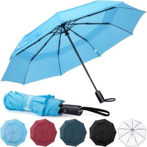 image:imagePTEROMY Windproof Travel Umbrellas for Rain and Sun Withstands 85MPH Winds Auto Open Close Folding Umbrella with Ergonomic Handle Quick Dry Canopy for Commuting or BackpackSky Blue