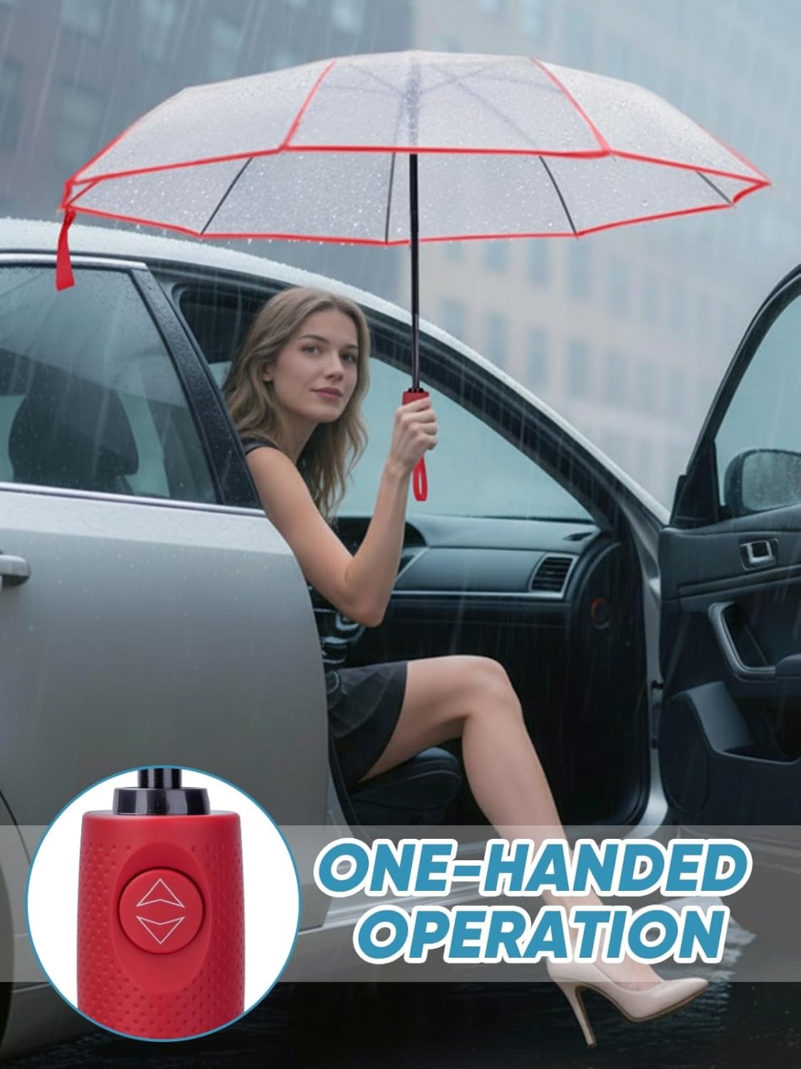 image:imagePTEROMY Windproof Travel Umbrellas for Rain and Sun Withstands 85MPH Winds Auto Open Close Folding Umbrella with Ergonomic Handle Quick Dry Canopy for Commuting or BackpackClearRed