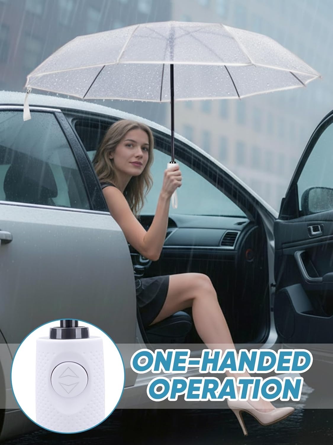 image:imagePTEROMY Windproof Travel Umbrellas for Rain and Sun Withstands 85MPH Winds Auto Open Close Folding Umbrella with Ergonomic Handle Quick Dry Canopy for Commuting or BackpackClearWhite