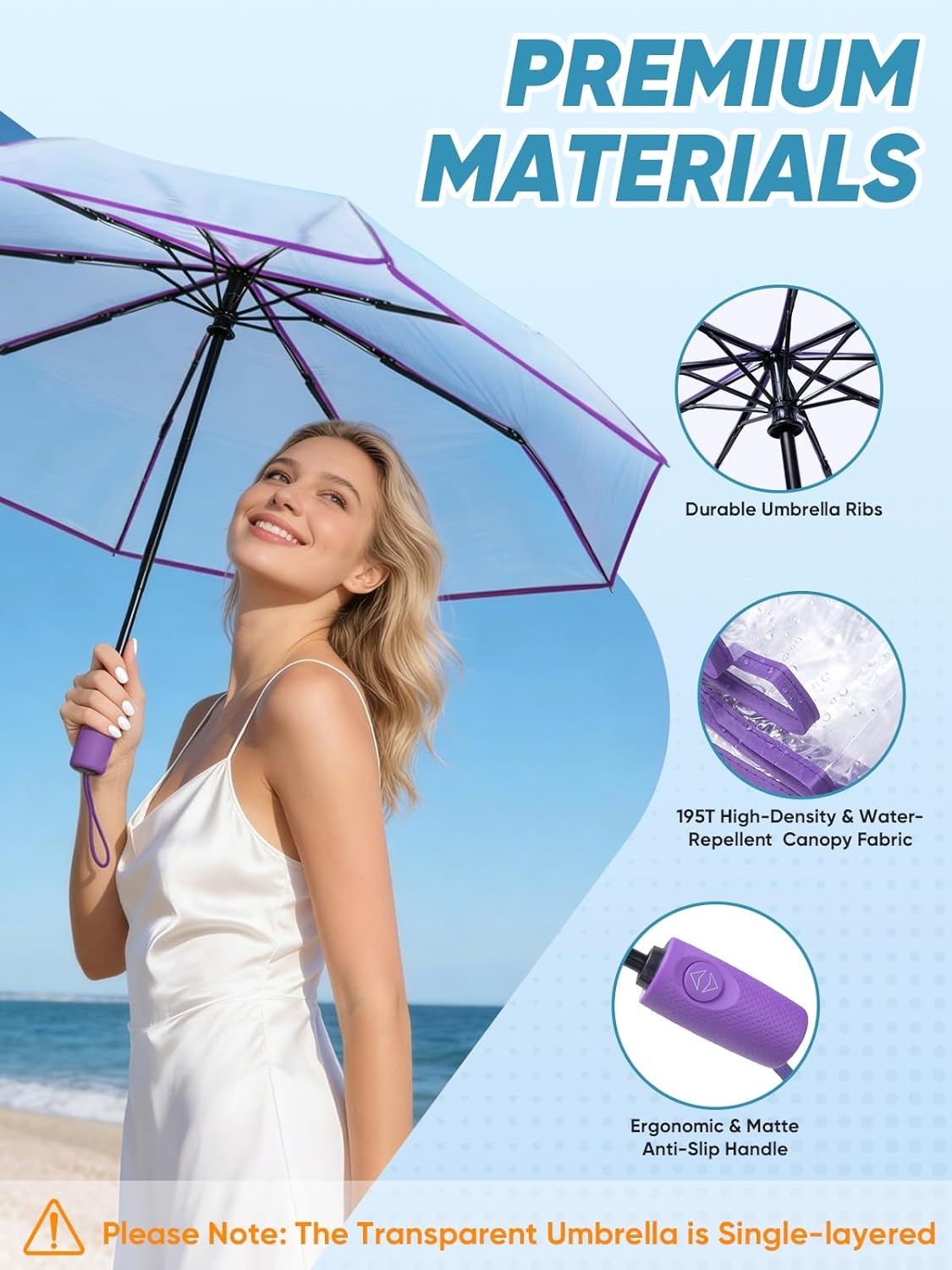 image:imagePTEROMY Windproof Travel Umbrellas for Rain and Sun Withstands 85MPH Winds Auto Open Close Folding Umbrella with Ergonomic Handle Quick Dry Canopy for Commuting or BackpackClearPurple