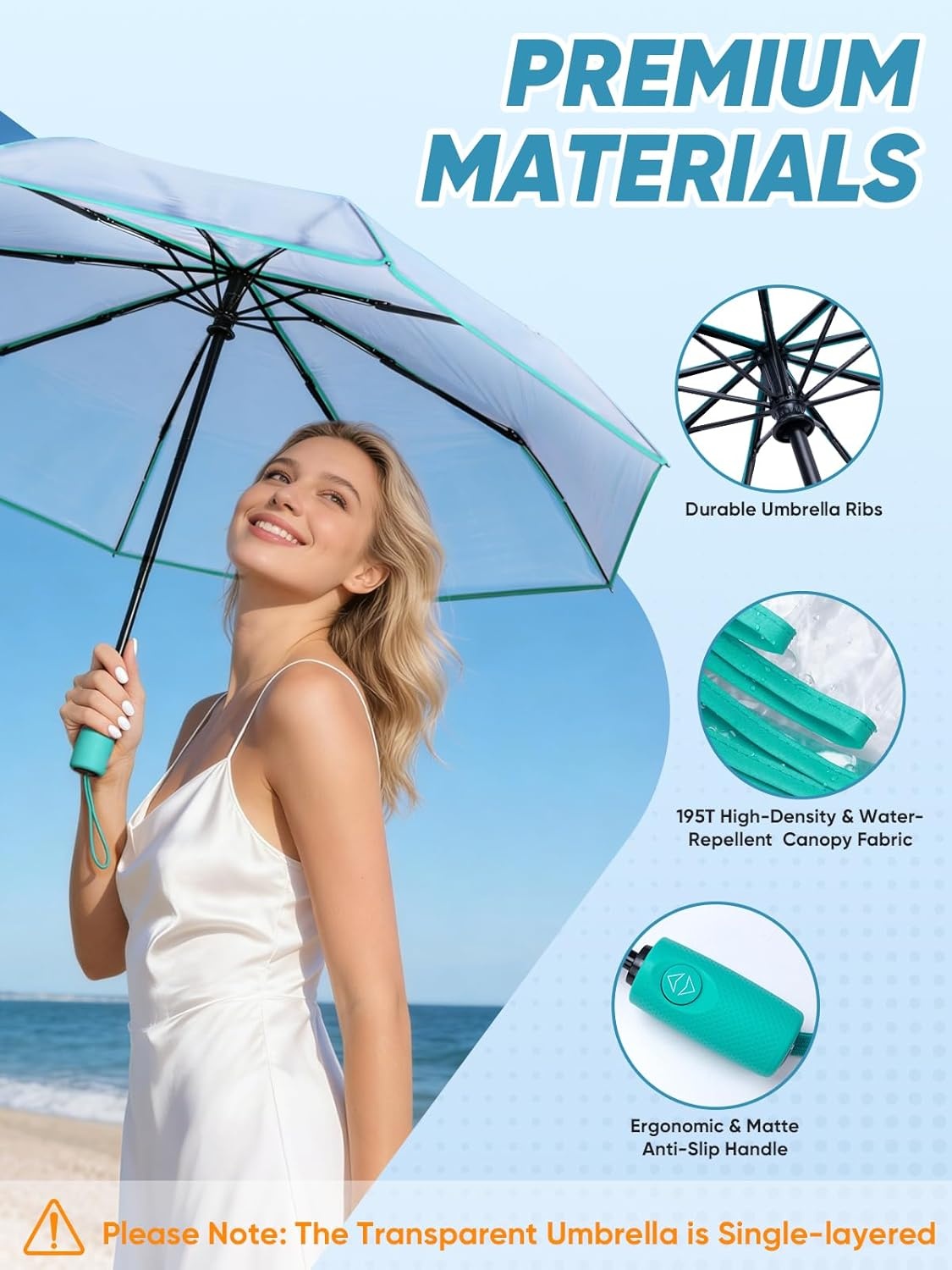 image:imagePTEROMY Windproof Travel Umbrellas for Rain and Sun Withstands 85MPH Winds Auto Open Close Folding Umbrella with Ergonomic Handle Quick Dry Canopy for Commuting or BackpackClearMint