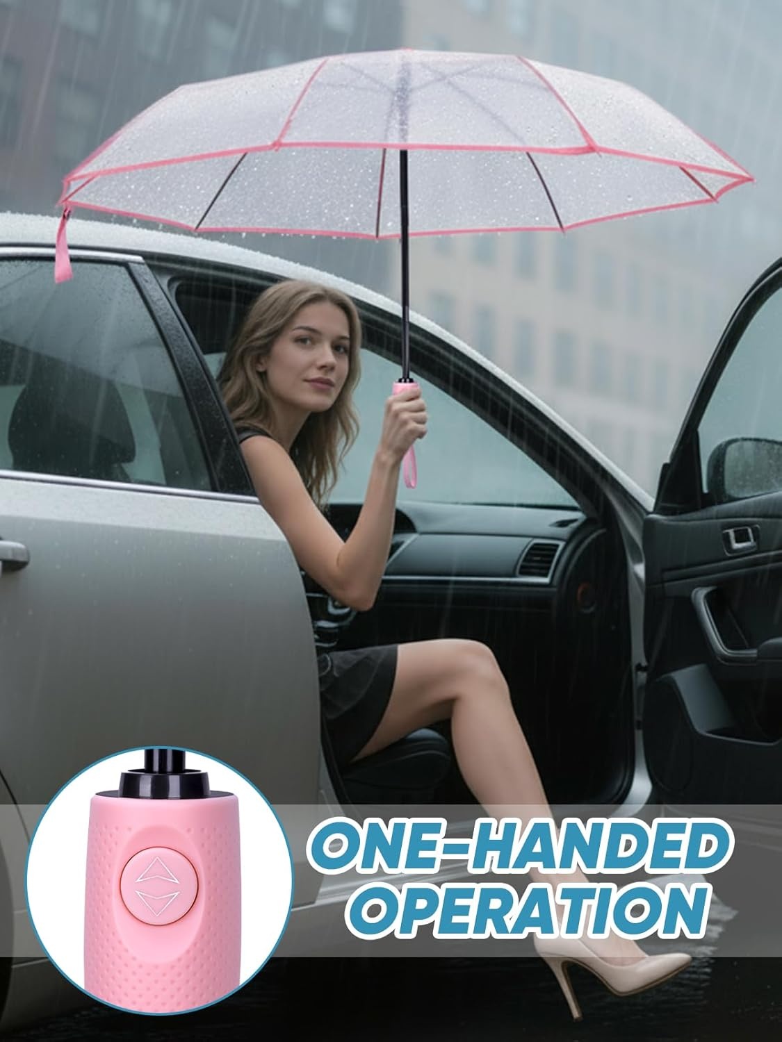 image:imagePTEROMY Windproof Travel Umbrellas for Rain and Sun Withstands 85MPH Winds Auto Open Close Folding Umbrella with Ergonomic Handle Quick Dry Canopy for Commuting or BackpackClearPink
