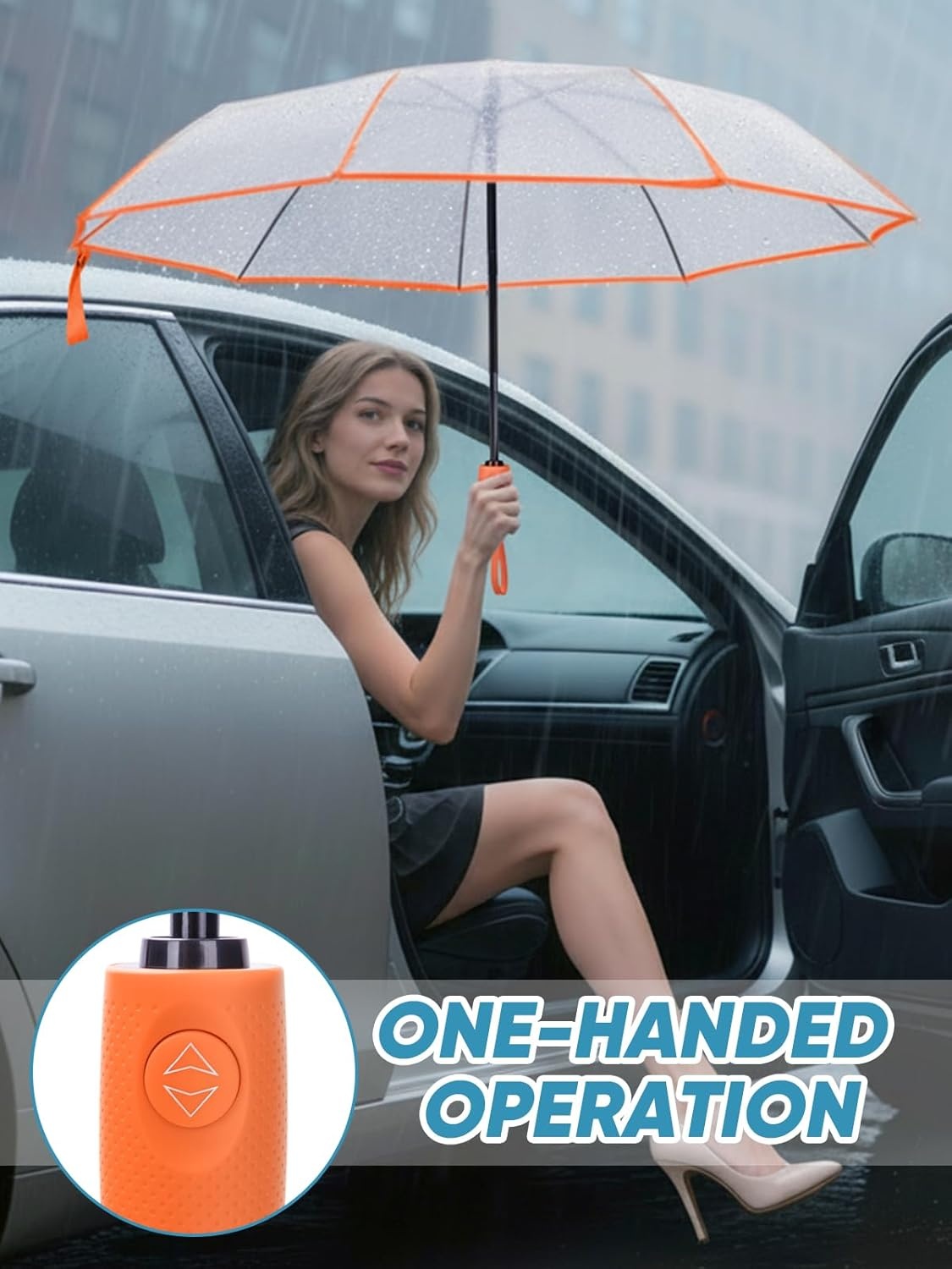 image:imagePTEROMY Windproof Travel Umbrellas for Rain and Sun Withstands 85MPH Winds Auto Open Close Folding Umbrella with Ergonomic Handle Quick Dry Canopy for Commuting or BackpackClearOrange