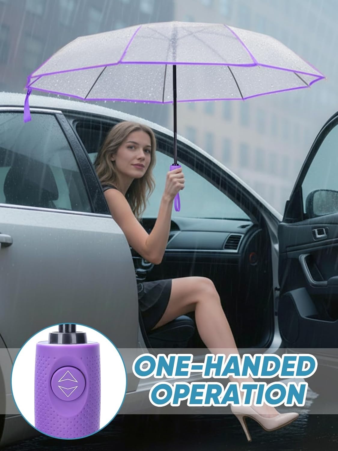 image:imagePTEROMY Windproof Travel Umbrellas for Rain and Sun Withstands 85MPH Winds Auto Open Close Folding Umbrella with Ergonomic Handle Quick Dry Canopy for Commuting or BackpackClearPurple