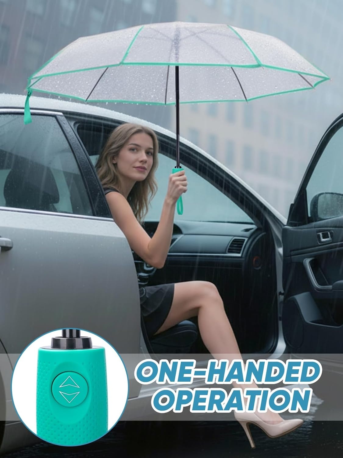 image:imagePTEROMY Windproof Travel Umbrellas for Rain and Sun Withstands 85MPH Winds Auto Open Close Folding Umbrella with Ergonomic Handle Quick Dry Canopy for Commuting or BackpackClearMint