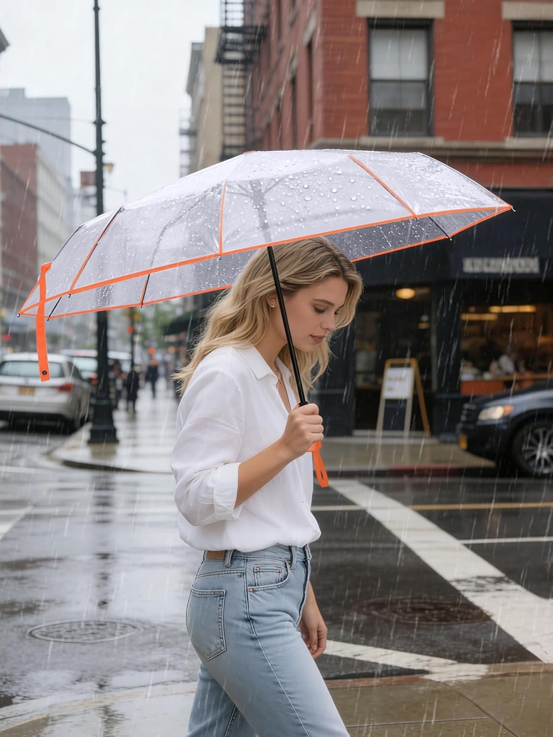 image:imagePTEROMY Windproof Travel Umbrellas for Rain and Sun Withstands 85MPH Winds Auto Open Close Folding Umbrella with Ergonomic Handle Quick Dry Canopy for Commuting or BackpackClearOrange