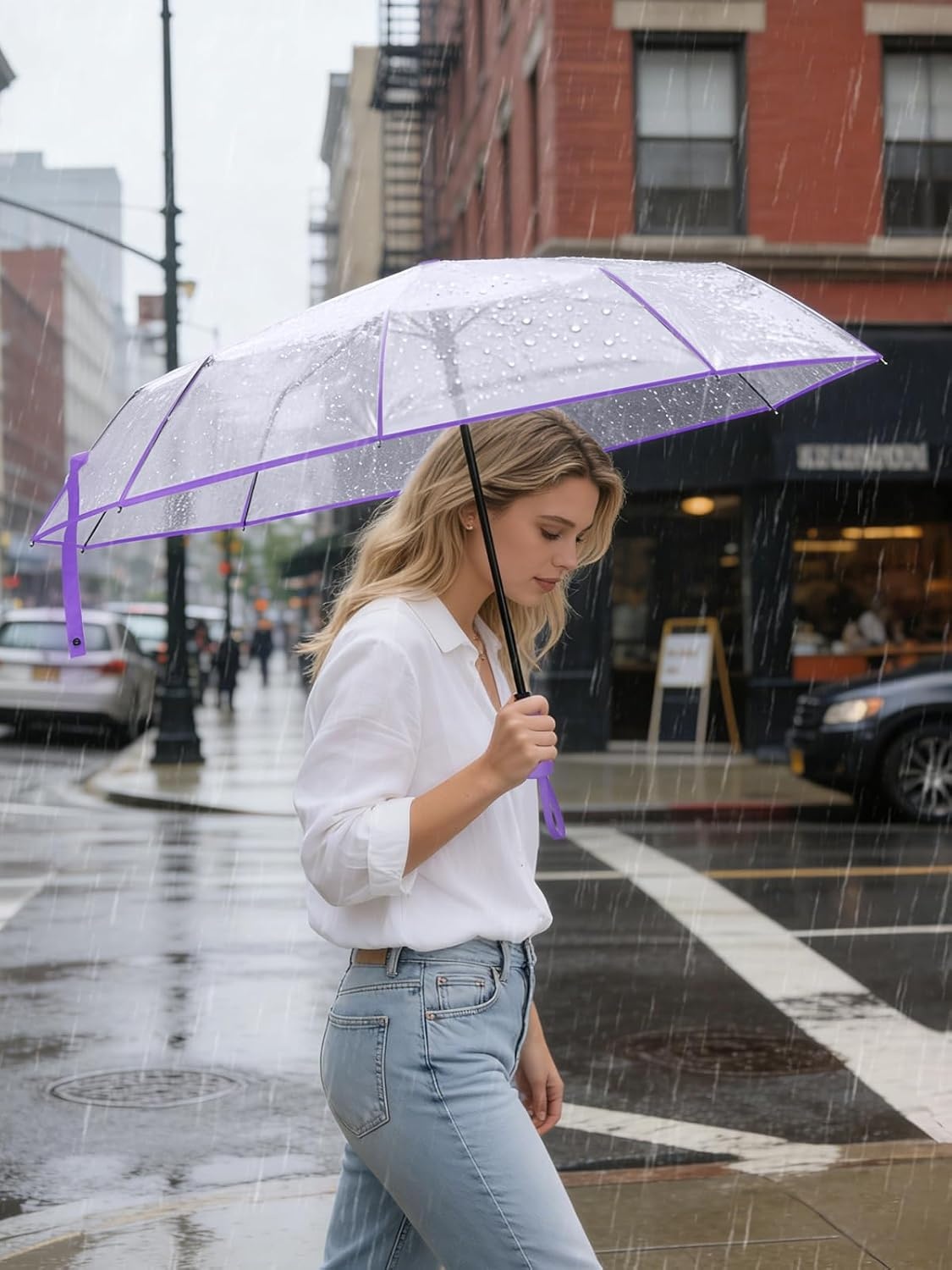 image:imagePTEROMY Windproof Travel Umbrellas for Rain and Sun Withstands 85MPH Winds Auto Open Close Folding Umbrella with Ergonomic Handle Quick Dry Canopy for Commuting or BackpackClearPurple