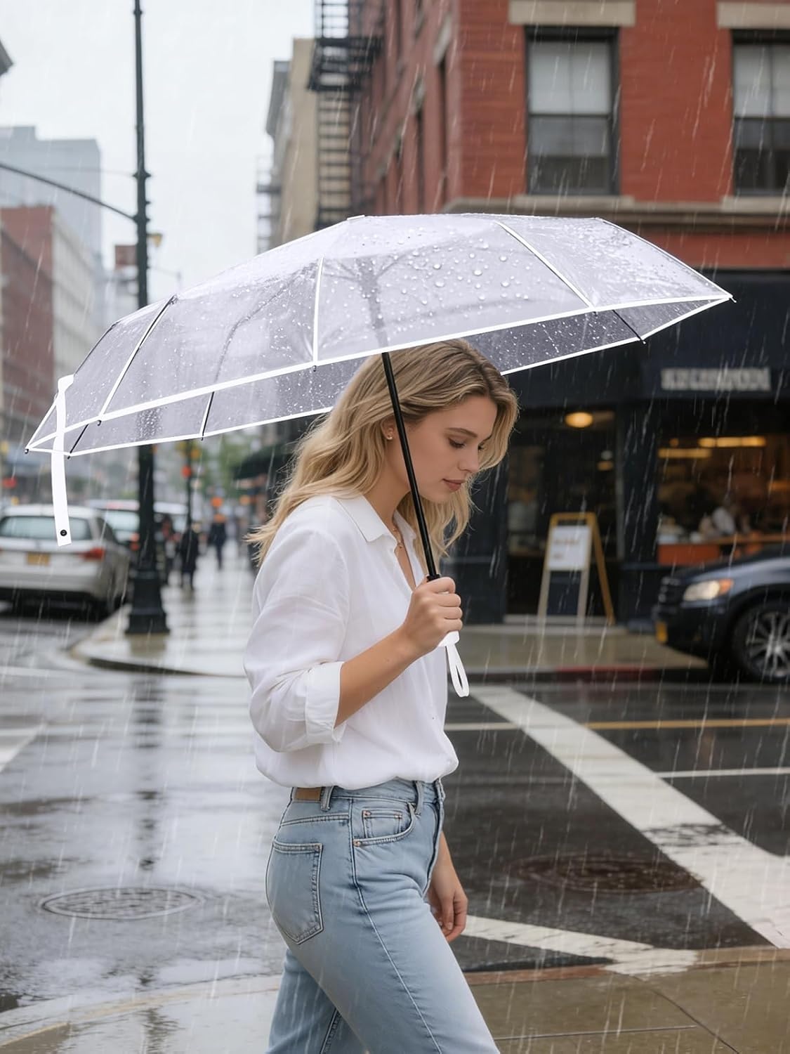 image:imagePTEROMY Windproof Travel Umbrellas for Rain and Sun Withstands 85MPH Winds Auto Open Close Folding Umbrella with Ergonomic Handle Quick Dry Canopy for Commuting or BackpackClearWhite