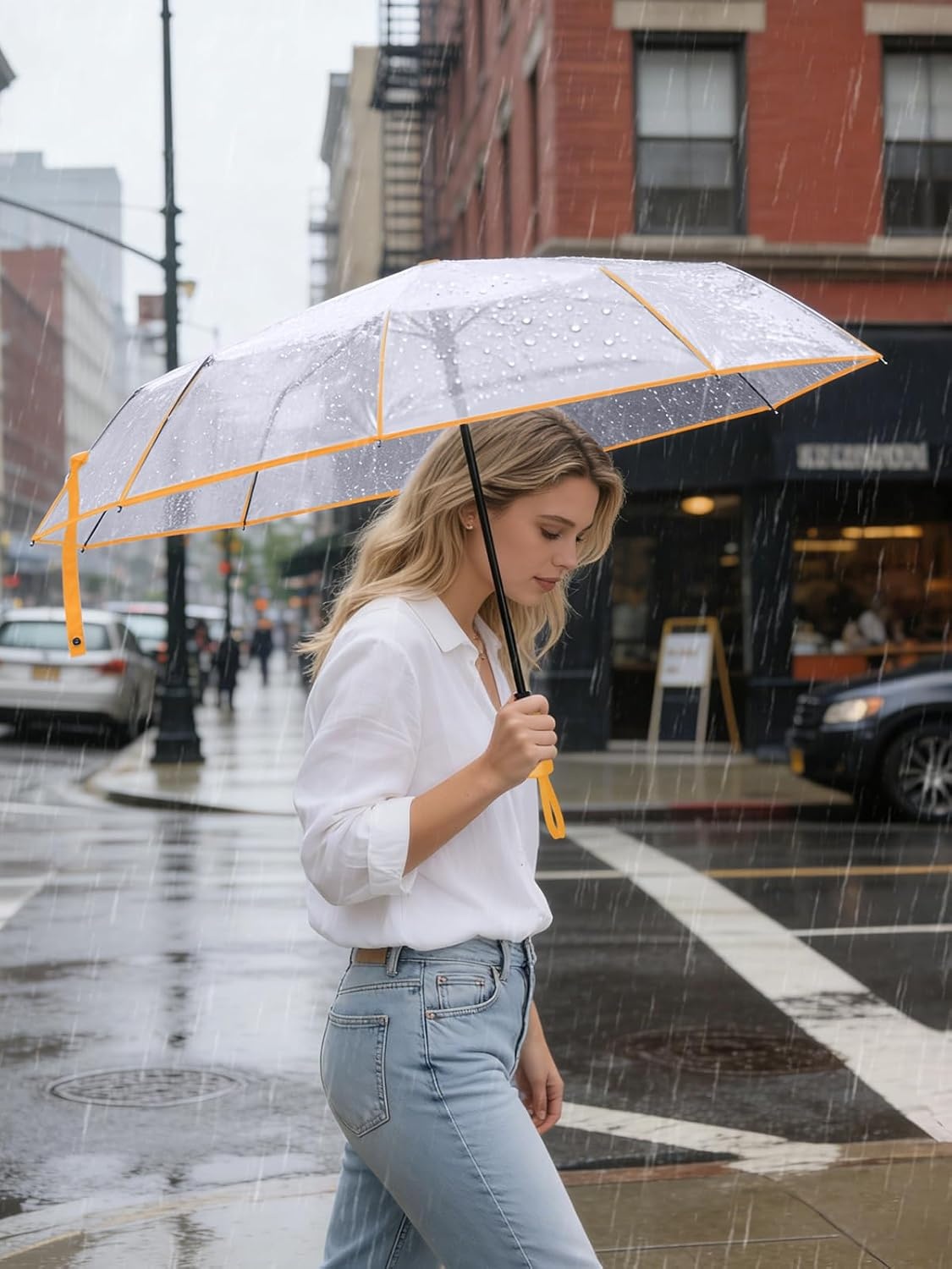 image:imagePTEROMY Windproof Travel Umbrellas for Rain and Sun Withstands 85MPH Winds Auto Open Close Folding Umbrella with Ergonomic Handle Quick Dry Canopy for Commuting or BackpackClearYellow
