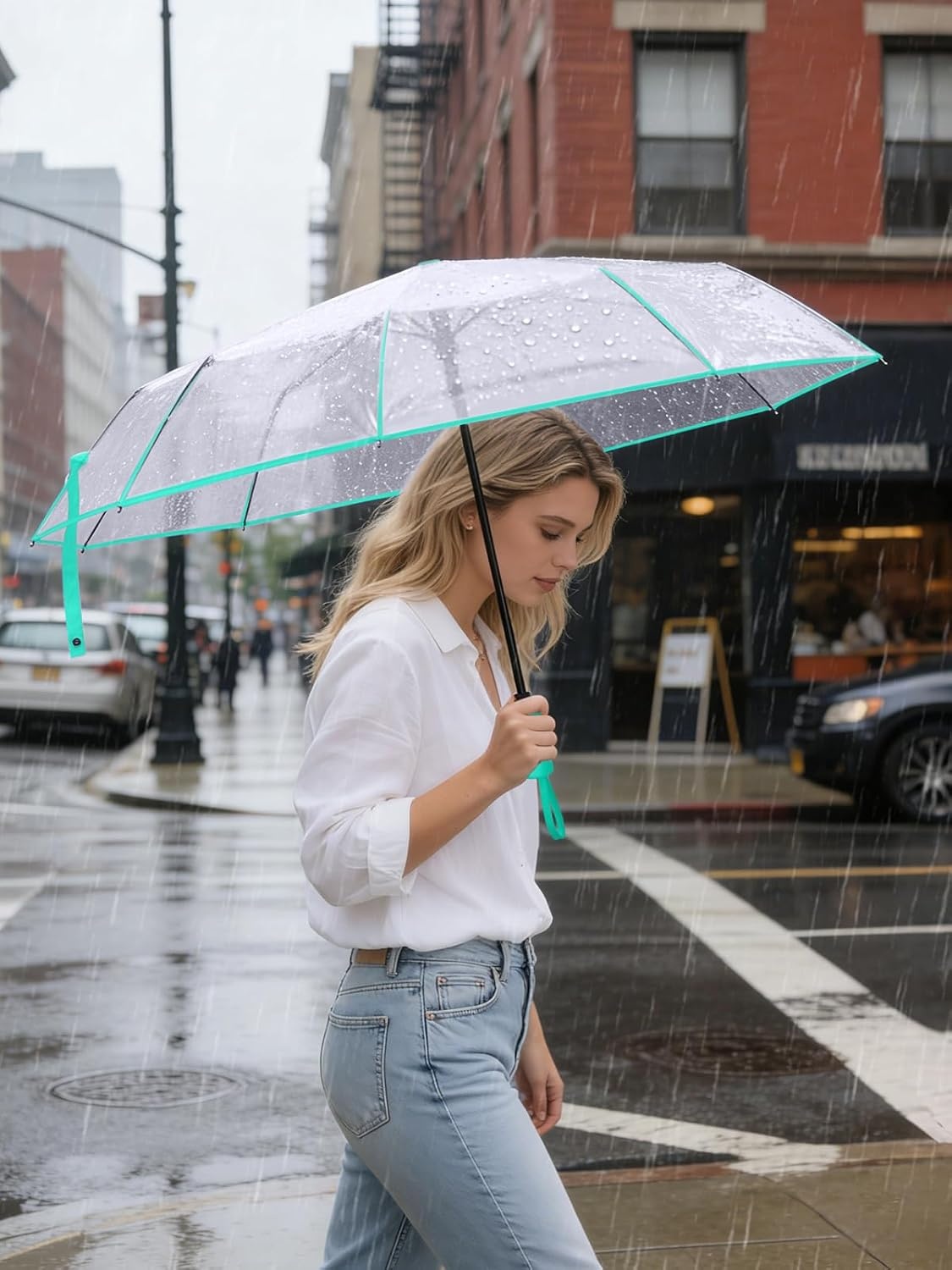 image:imagePTEROMY Windproof Travel Umbrellas for Rain and Sun Withstands 85MPH Winds Auto Open Close Folding Umbrella with Ergonomic Handle Quick Dry Canopy for Commuting or BackpackClearMint