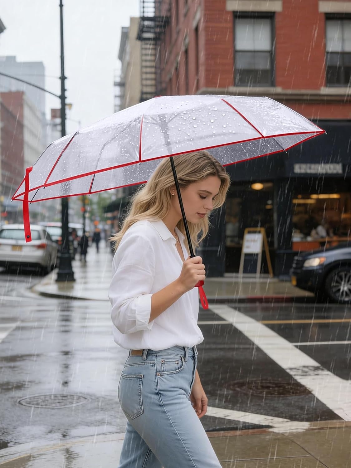 image:imagePTEROMY Windproof Travel Umbrellas for Rain and Sun Withstands 85MPH Winds Auto Open Close Folding Umbrella with Ergonomic Handle Quick Dry Canopy for Commuting or BackpackClearRed