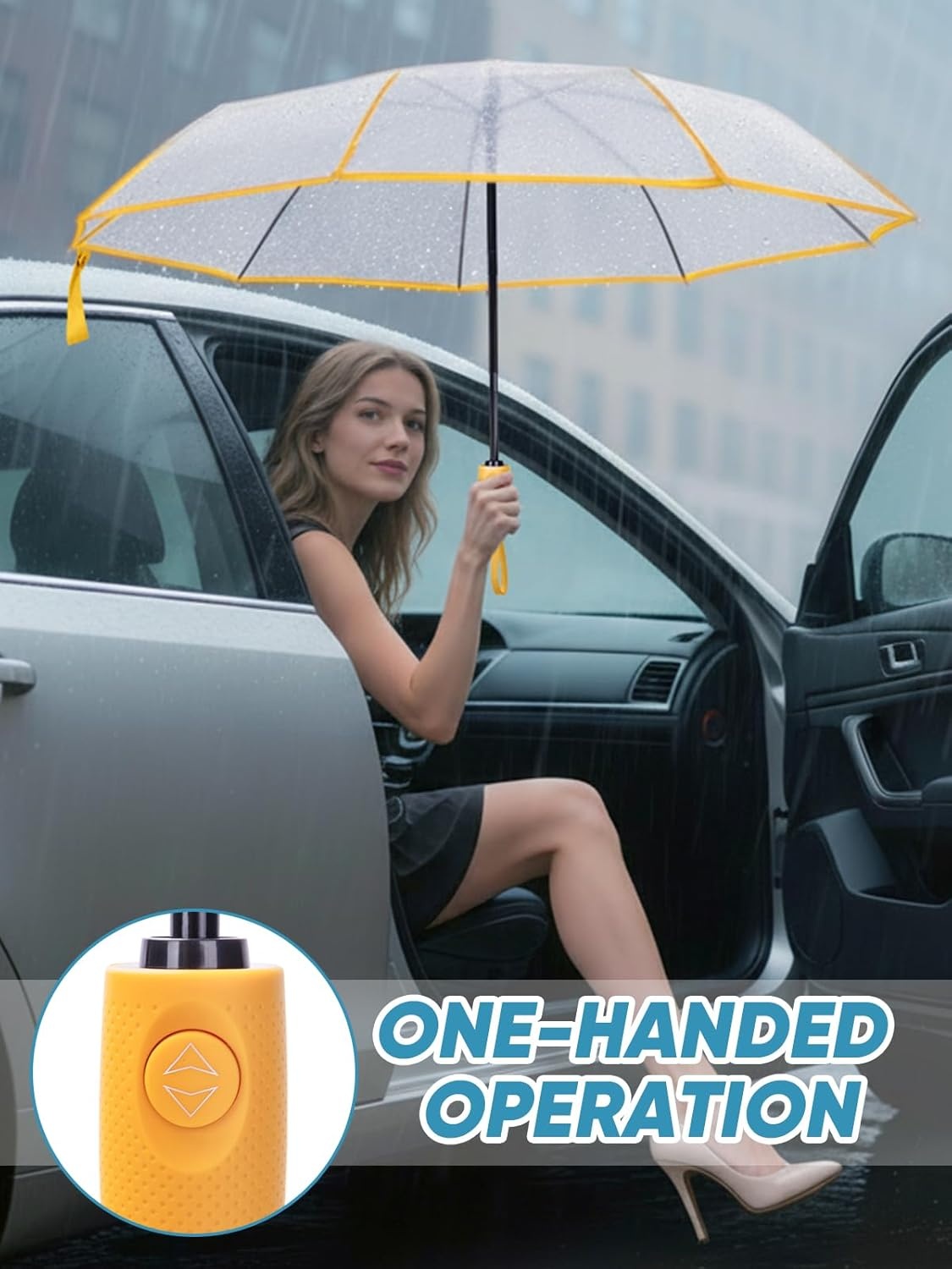 image:imagePTEROMY Windproof Travel Umbrellas for Rain and Sun Withstands 85MPH Winds Auto Open Close Folding Umbrella with Ergonomic Handle Quick Dry Canopy for Commuting or BackpackClearYellow