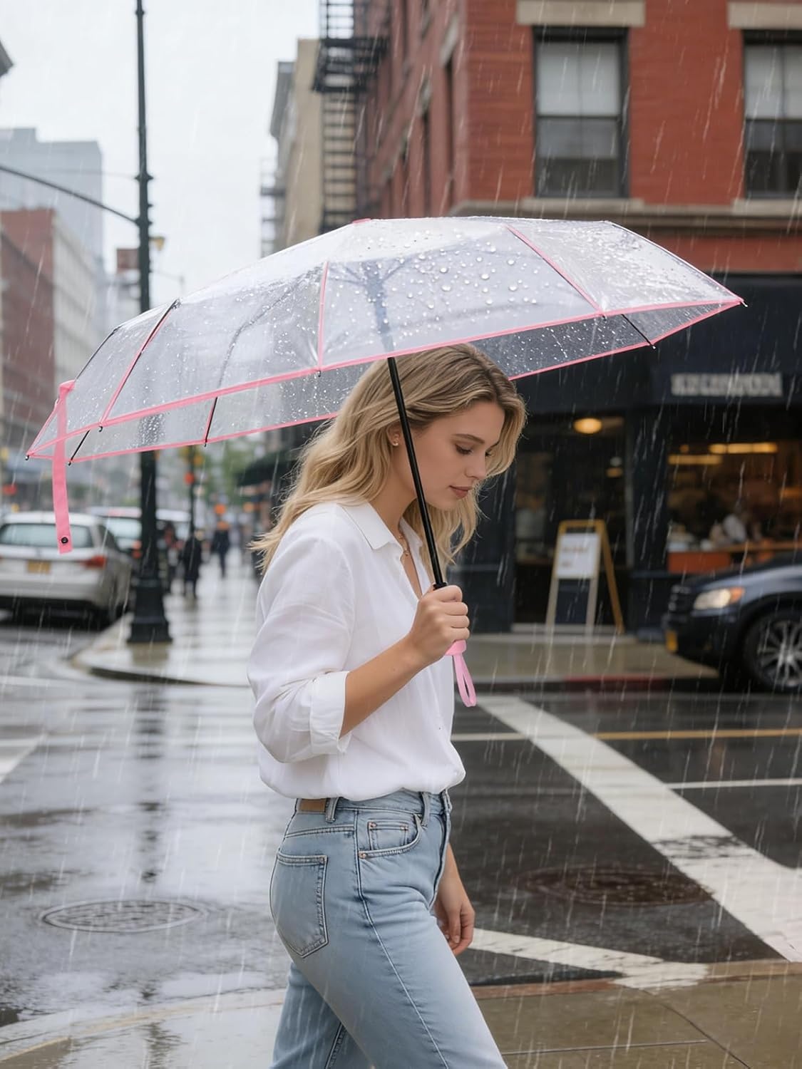 image:imagePTEROMY Windproof Travel Umbrellas for Rain and Sun Withstands 85MPH Winds Auto Open Close Folding Umbrella with Ergonomic Handle Quick Dry Canopy for Commuting or BackpackClearPink