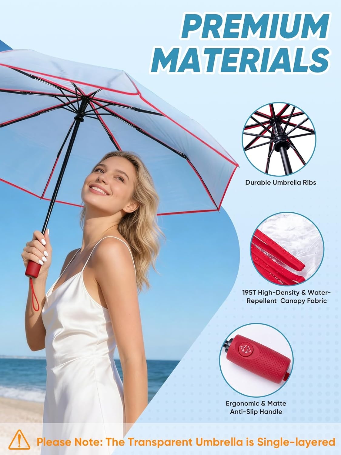 image:imagePTEROMY Windproof Travel Umbrellas for Rain and Sun Withstands 85MPH Winds Auto Open Close Folding Umbrella with Ergonomic Handle Quick Dry Canopy for Commuting or BackpackClearRed