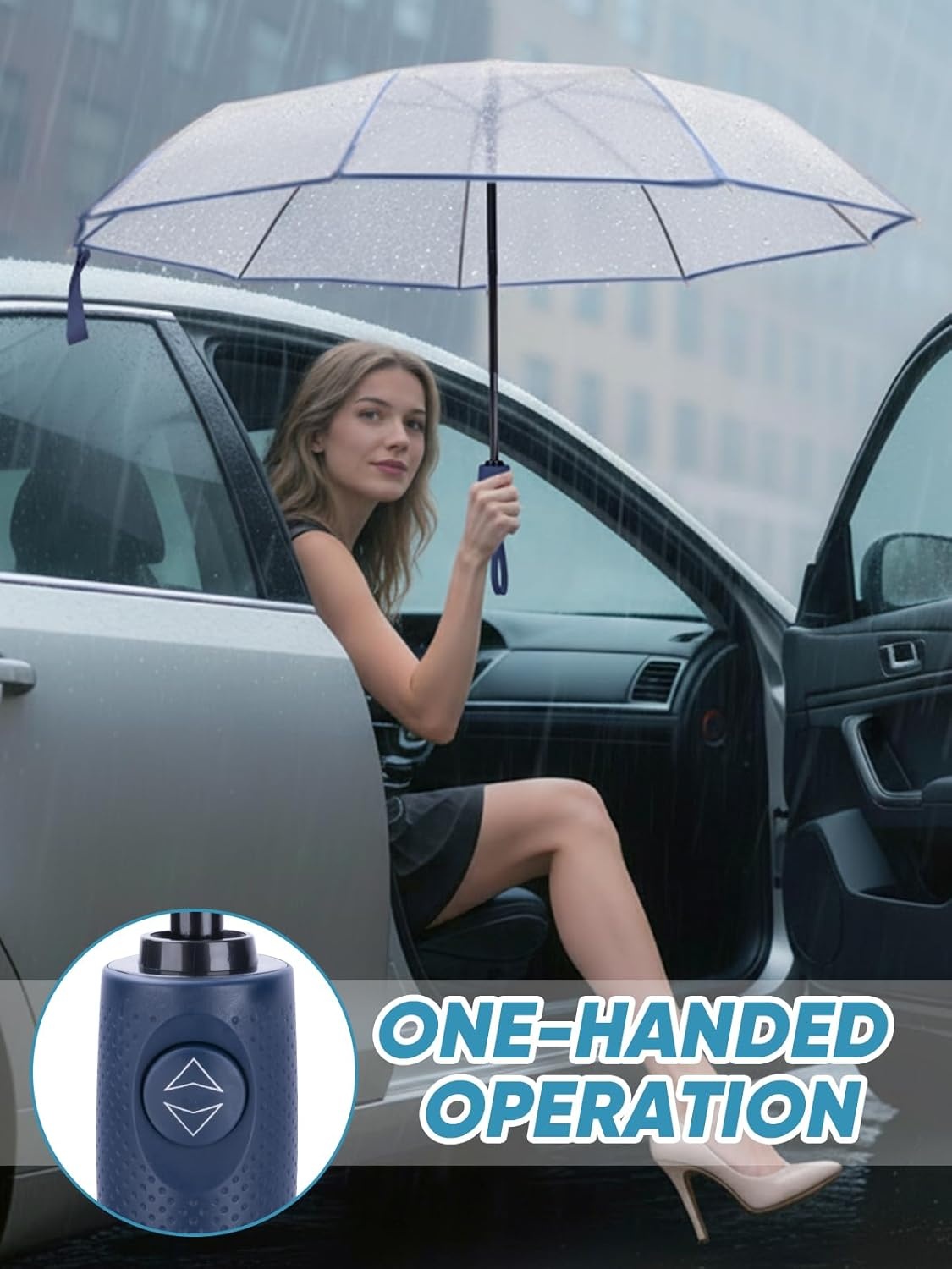 image:imagePTEROMY Windproof Travel Umbrellas for Rain and Sun Withstands 85MPH Winds Auto Open Close Folding Umbrella with Ergonomic Handle Quick Dry Canopy for Commuting or BackpackClearNavy Blue
