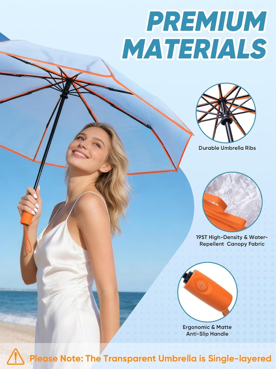 image:imagePTEROMY Windproof Travel Umbrellas for Rain and Sun Withstands 85MPH Winds Auto Open Close Folding Umbrella with Ergonomic Handle Quick Dry Canopy for Commuting or BackpackClearOrange