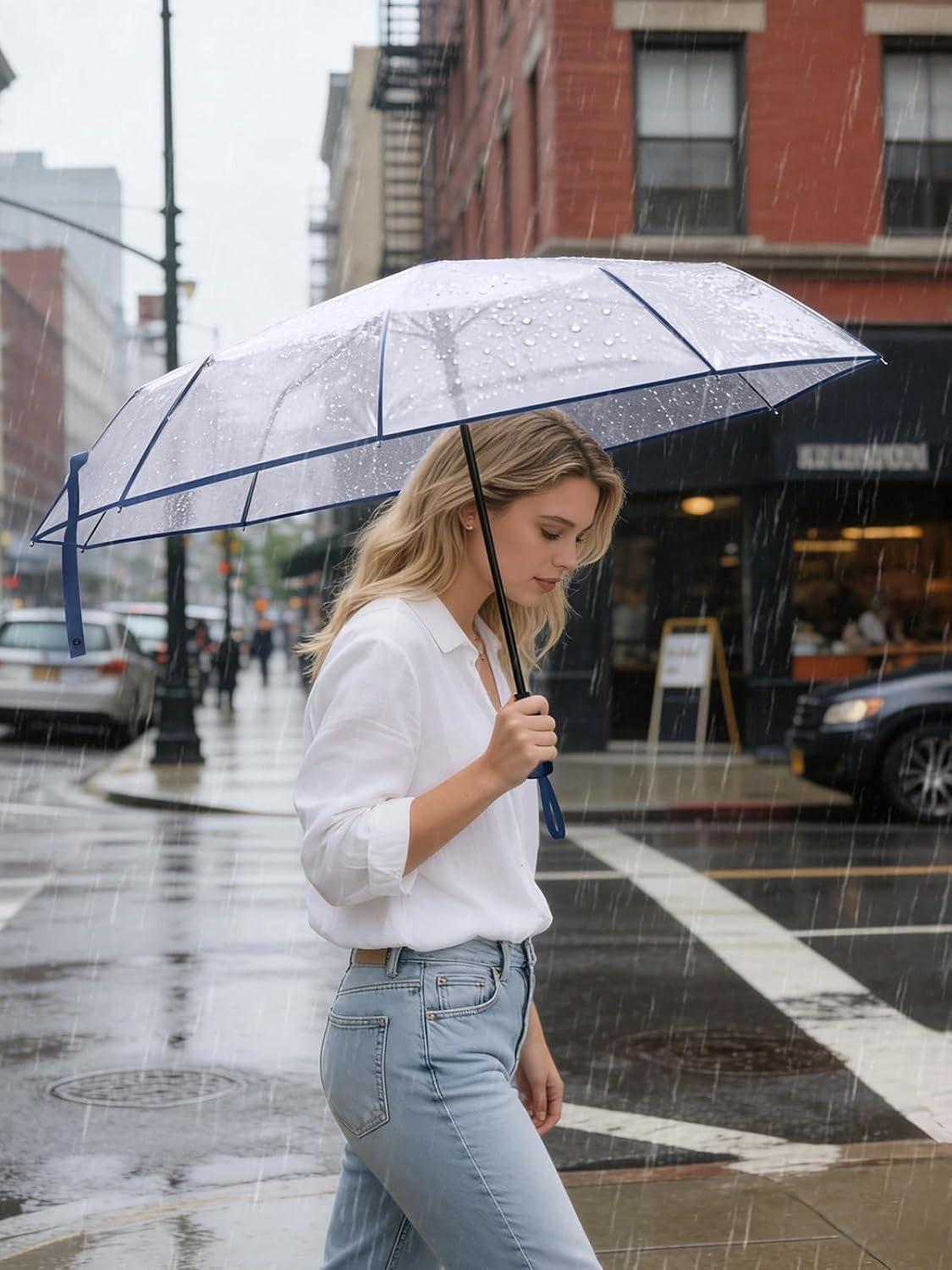 image:imagePTEROMY Windproof Travel Umbrellas for Rain and Sun Withstands 85MPH Winds Auto Open Close Folding Umbrella with Ergonomic Handle Quick Dry Canopy for Commuting or BackpackClearNavy Blue