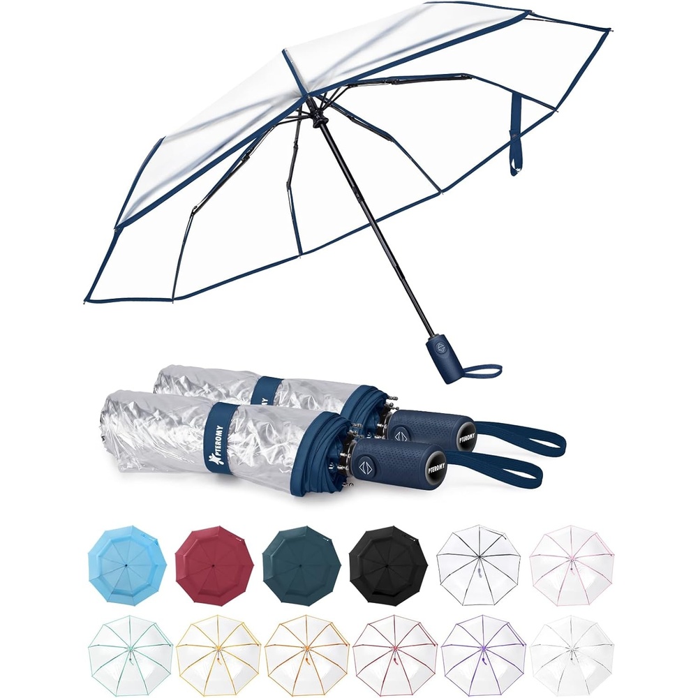 image:imagePTEROMY Windproof Travel Umbrellas for Rain and Sun Withstands 85MPH Winds Auto Open Close Folding Umbrella with Ergonomic Handle Quick Dry Canopy for Commuting or BackpackClearNavy Blue