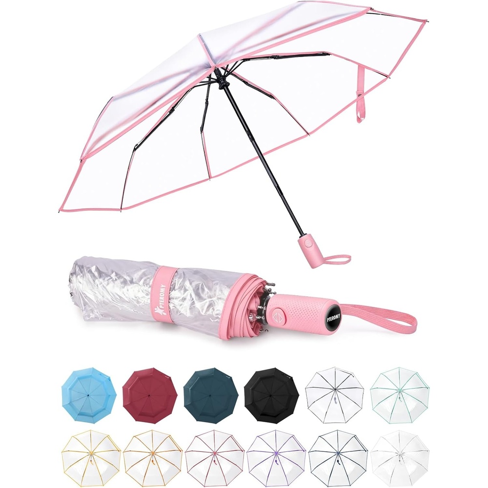 image:imagePTEROMY Windproof Travel Umbrellas for Rain and Sun Withstands 85MPH Winds Auto Open Close Folding Umbrella with Ergonomic Handle Quick Dry Canopy for Commuting or BackpackClearPink