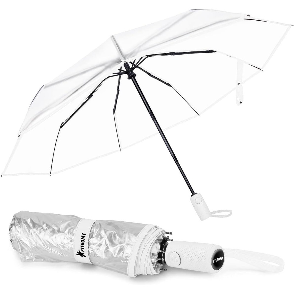 image:imagePTEROMY Windproof Travel Umbrellas for Rain and Sun Withstands 85MPH Winds Auto Open Close Folding Umbrella with Ergonomic Handle Quick Dry Canopy for Commuting or BackpackClearWhite