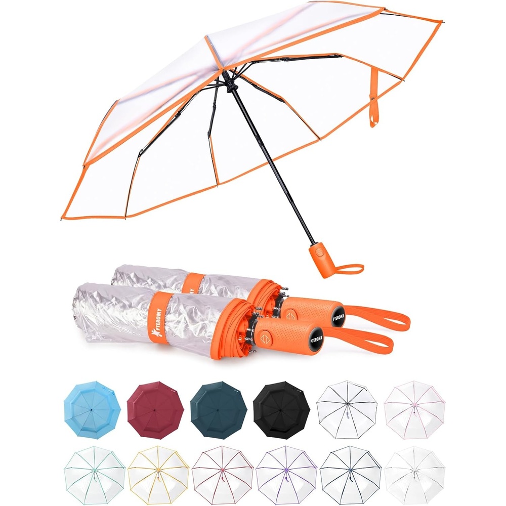 image:imagePTEROMY Windproof Travel Umbrellas for Rain and Sun Withstands 85MPH Winds Auto Open Close Folding Umbrella with Ergonomic Handle Quick Dry Canopy for Commuting or BackpackClearOrange