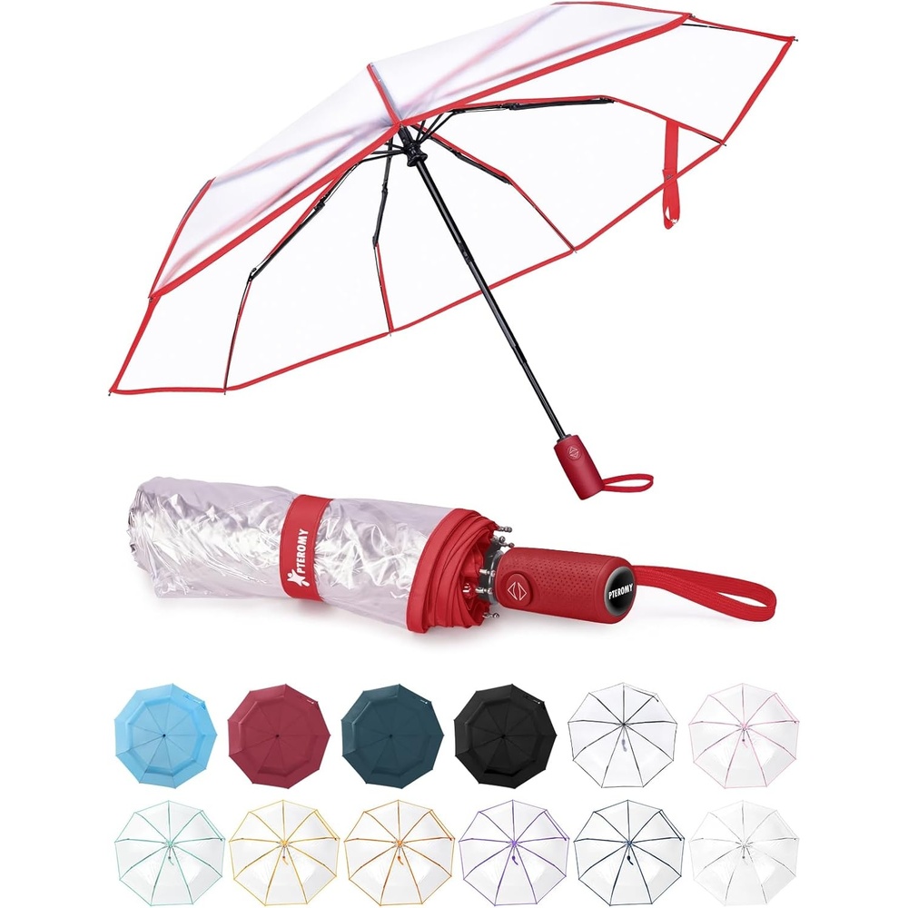 image:imagePTEROMY Windproof Travel Umbrellas for Rain and Sun Withstands 85MPH Winds Auto Open Close Folding Umbrella with Ergonomic Handle Quick Dry Canopy for Commuting or BackpackClearRed
